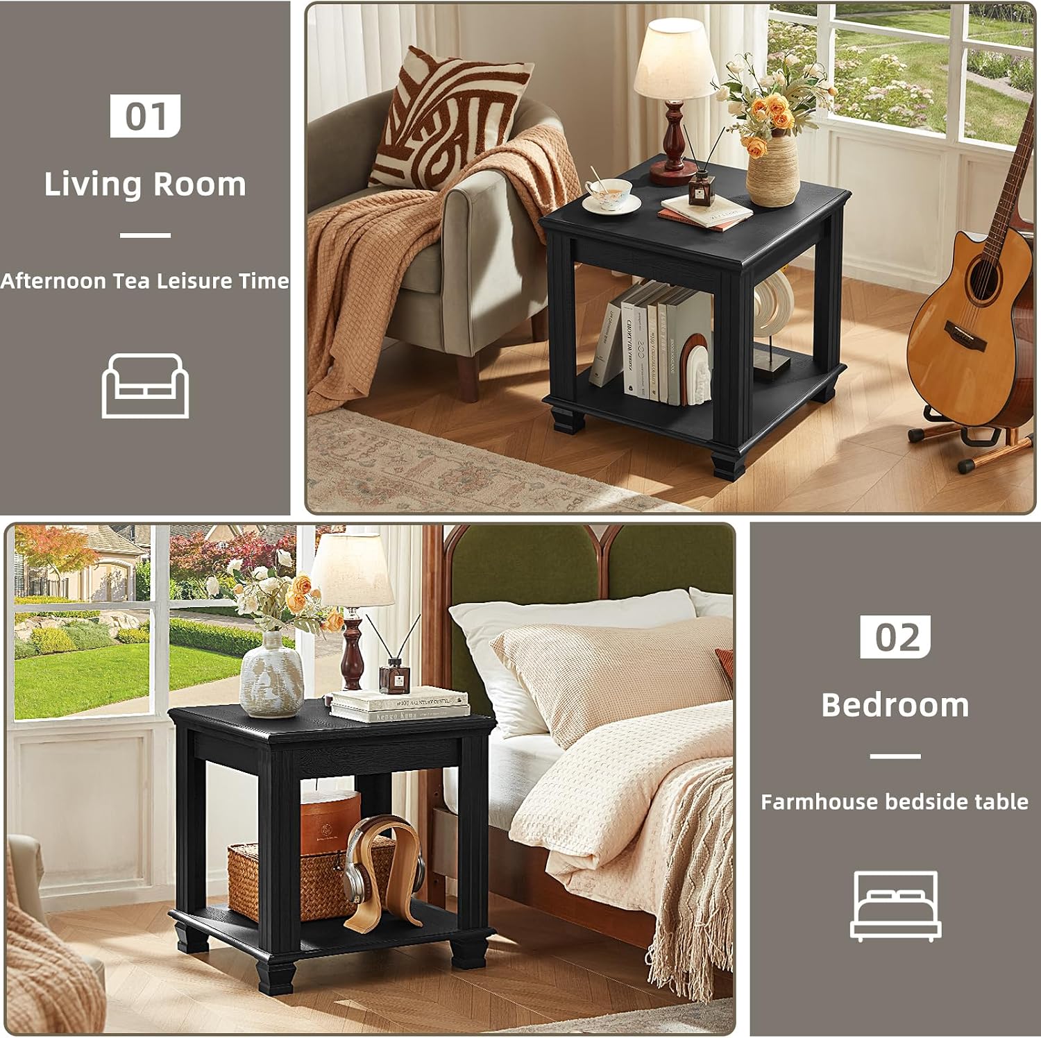 SAVOR LIFE Farmhouse End Table Set of 2,Large Side Table with 2-Tier Storage Shelf,Rustic Wood End Tables for Living Room,Square Tea Table, Black