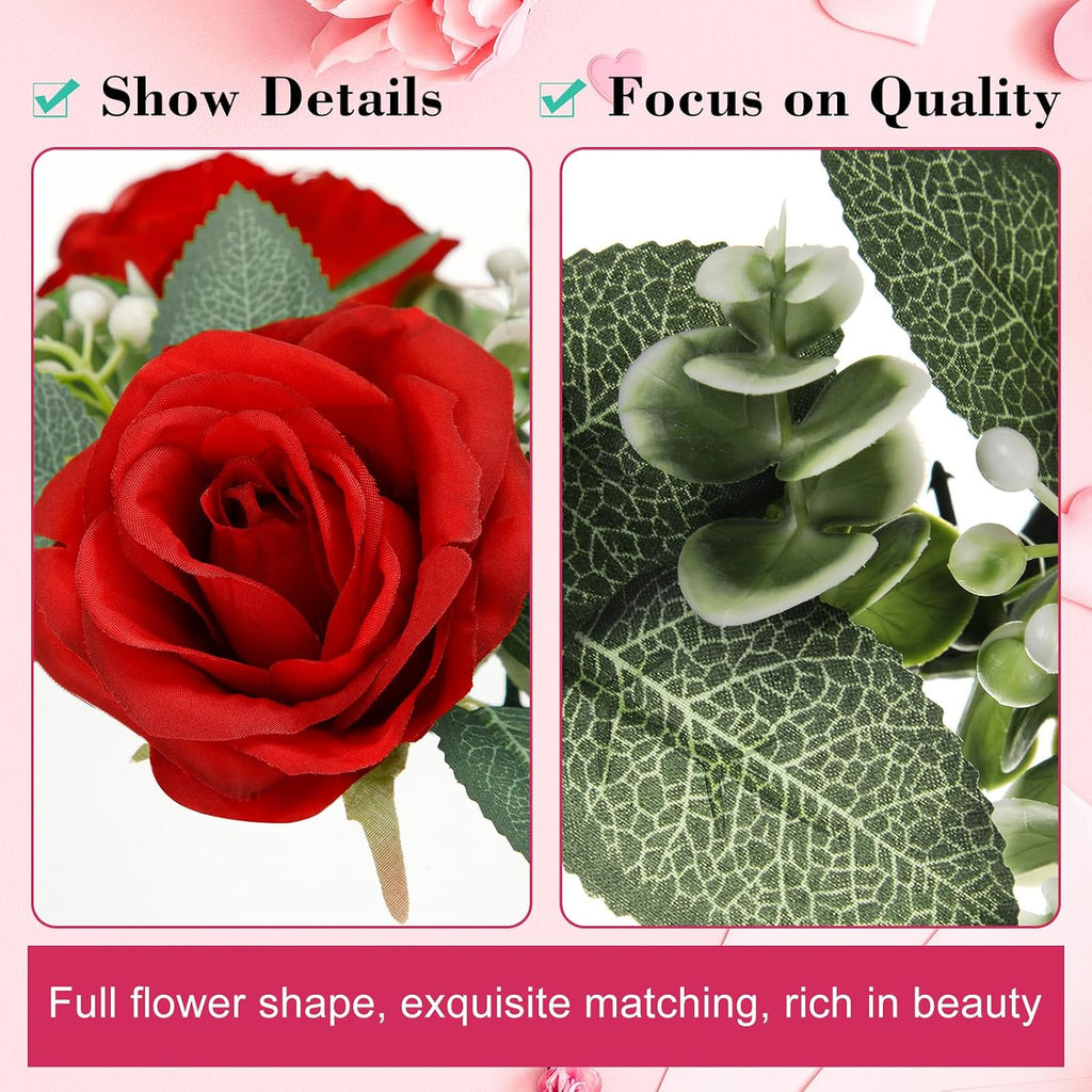 Yunlly 36 Pcs Rose Candle Rings with Flameless Candles Sets, Artificial Flower Eucalyptus Wedding Centerpiece 3 Inch Pillar Candleholders Wreaths for Wedding Party Mother's Day (Red)