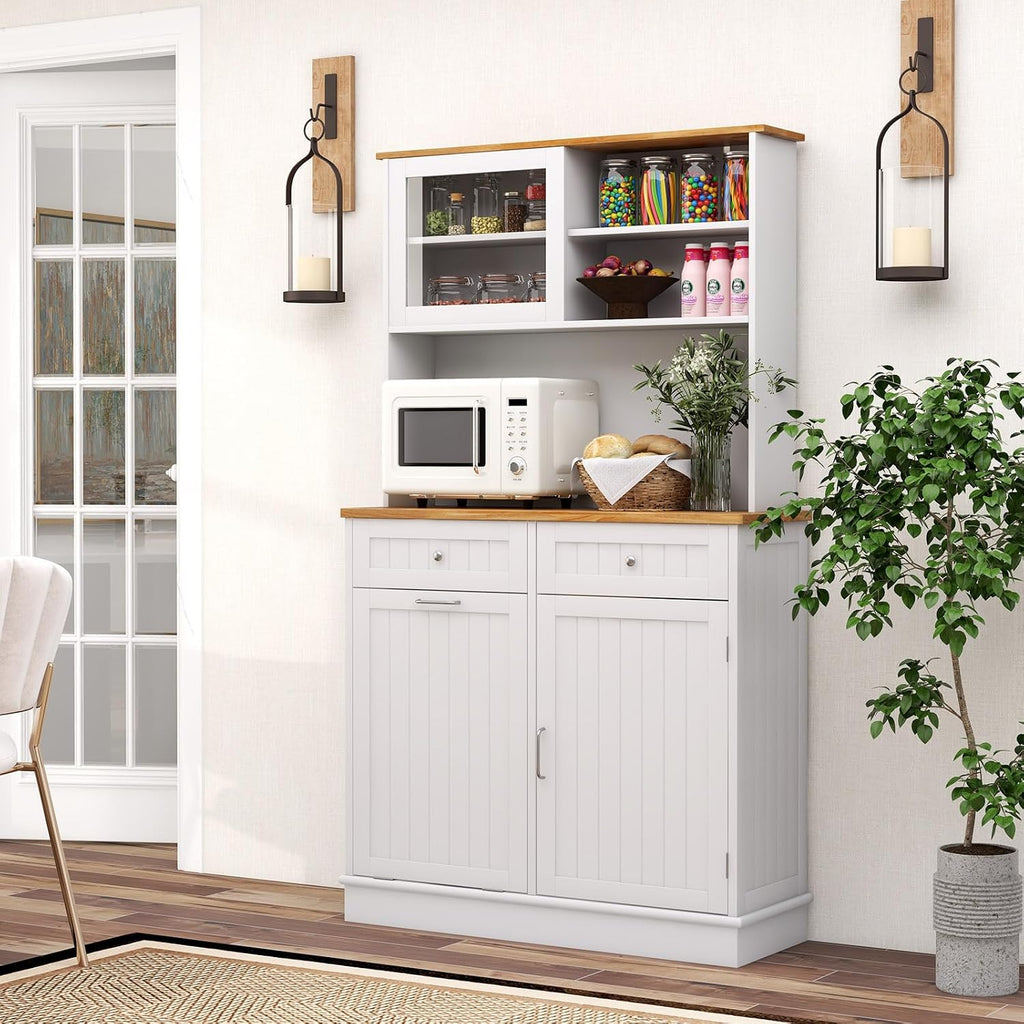 Giantex 68' Tall Kitchen Pantry, Buffet Hutch w/Tilt Out Trash Can Storage Cabinet, 2 Drawer, Shelves, Rubber Wood Microwave Countertop, Wood Sideboard Cupboard for Home Coffee Bar (White & Natural)