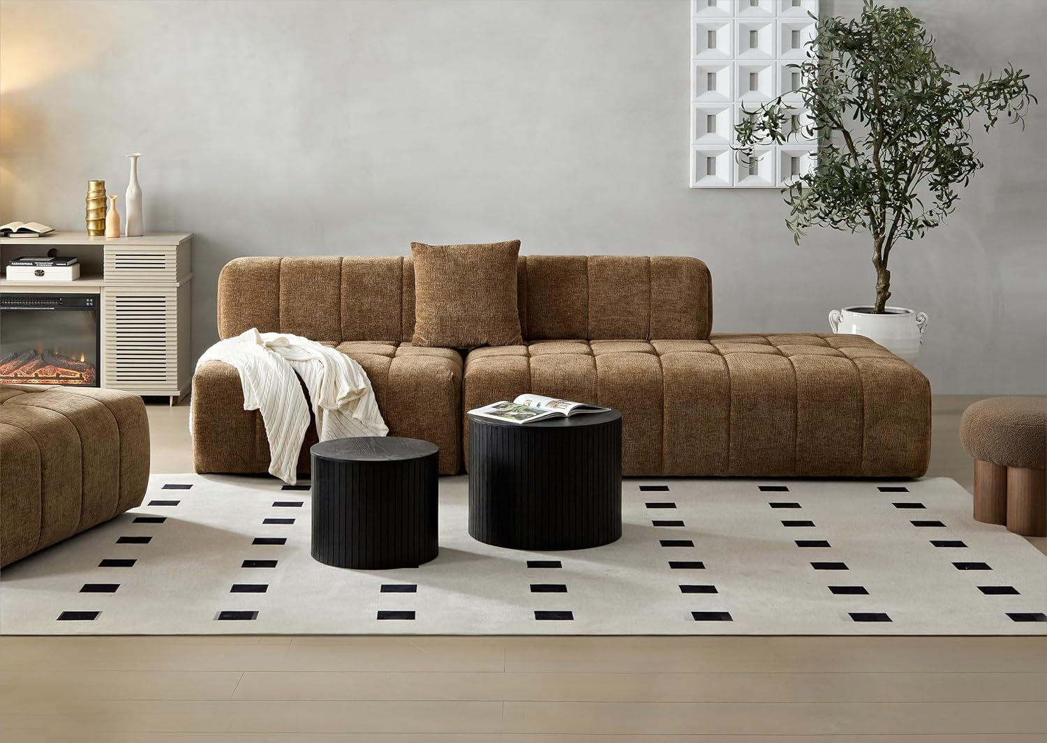Nesting Coffee Table Set of 2,Modern Round Wooden Coffee Tables with Storage,Luxury Fluted Side Table Accent End Table for Small Space Living Room Apartment (19.17')
