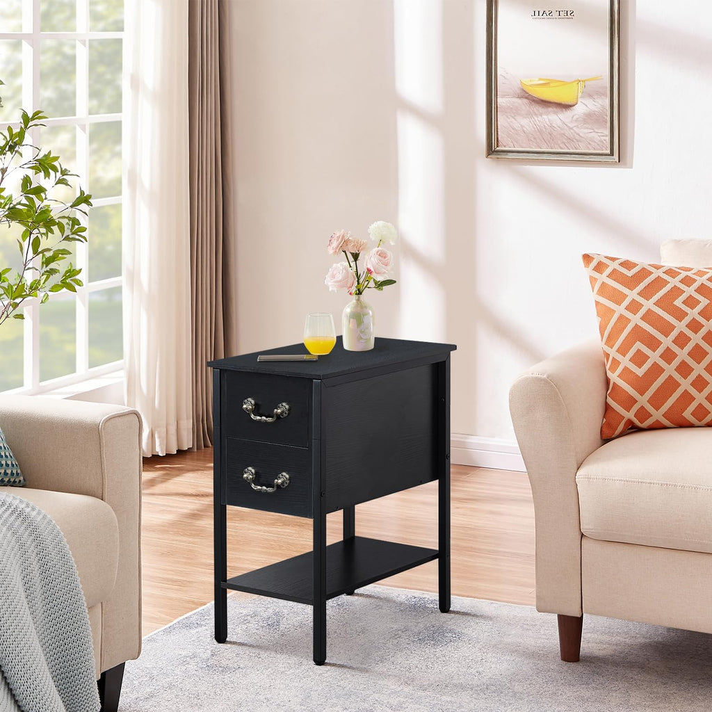VECELO End Tables,Narrow Nightstand with Drawers and Storage Shelf,Modern Night Stand for Small Spaces, Living Room,Bedroom，Black