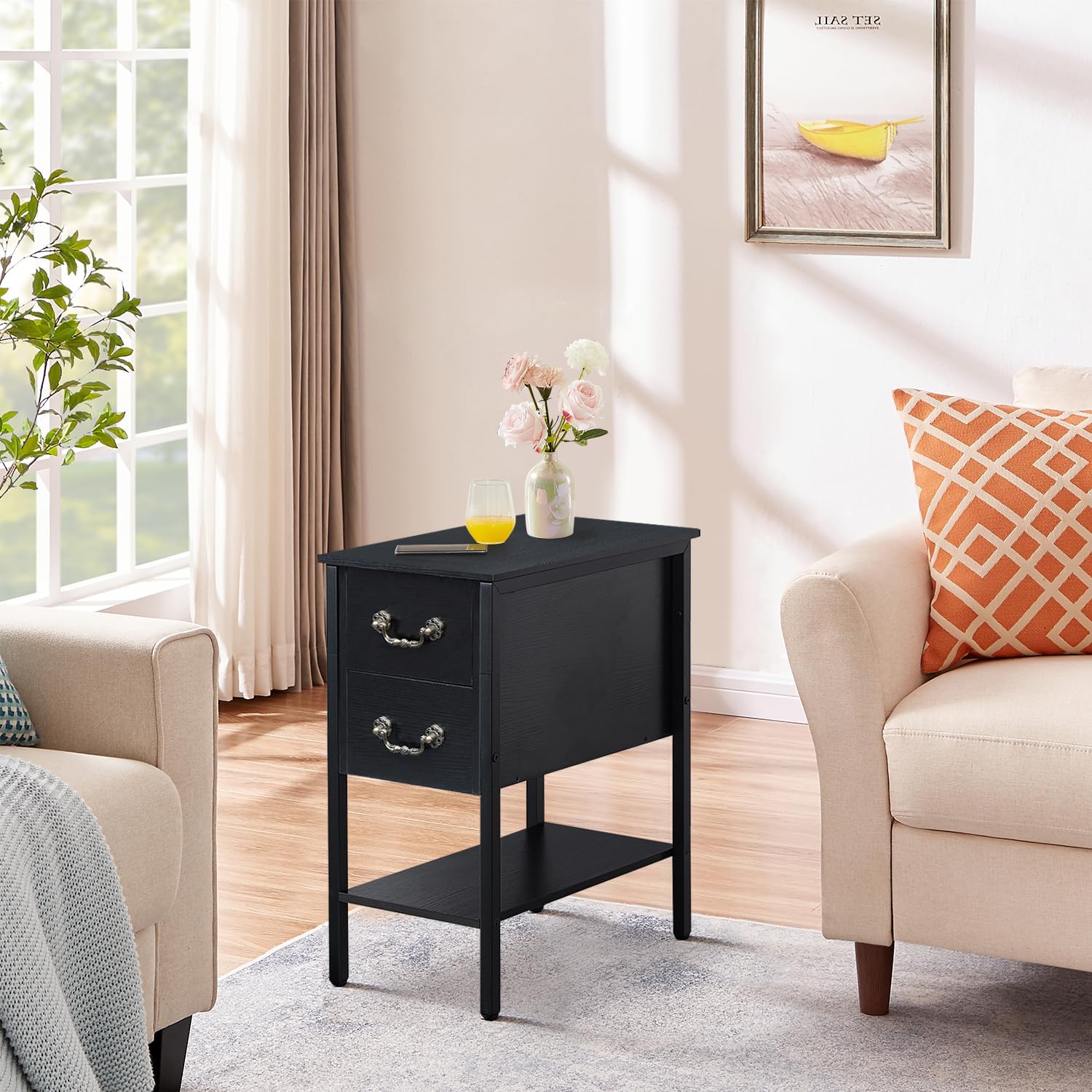 VECELO End Tables,Narrow Nightstand with Drawers and Storage Shelf,Modern Night Stand for Small Spaces, Living Room,Bedroom，Black