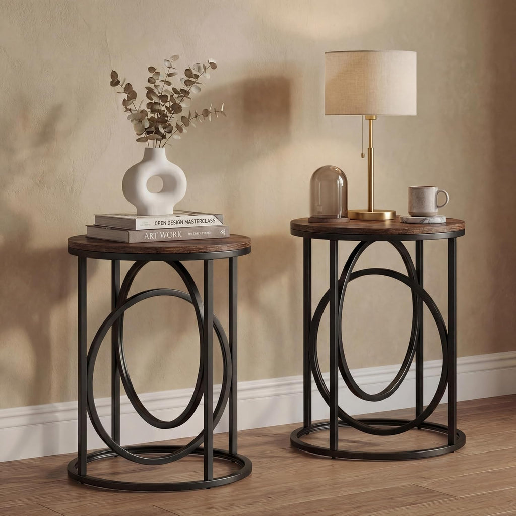 LITTLE TREE 20' Round End Table with Thick Wood Top，Modern Sofa Side Table with Gold O-Shaped Base, Midcentury Accent Table Cocktail Table Nightstand for Living Room Bedroom, 2PCS