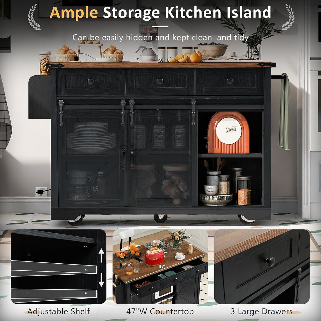 53.7' Farmhouse Kitchen Island with Power Outlet and Sliding Barn Doors, Rustic Kitchen Storage Islands with Drop Leaf, Rolling Kitchen Cart with Drawers and Spice Rack for Dining Room