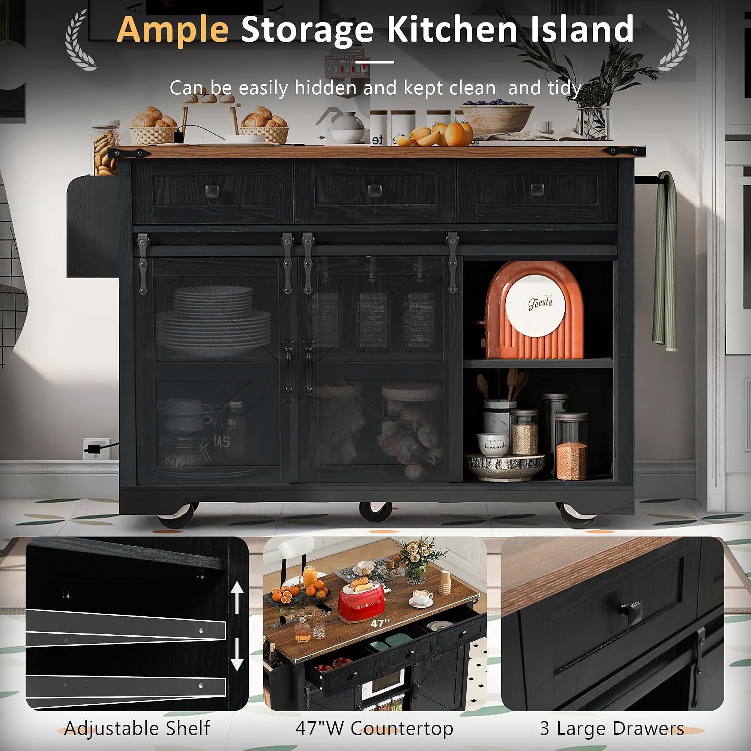 53.7' Farmhouse Kitchen Island with Power Outlet and Sliding Barn Doors, Rustic Kitchen Storage Islands with Drop Leaf, Rolling Kitchen Cart with Drawers and Spice Rack for Dining Room