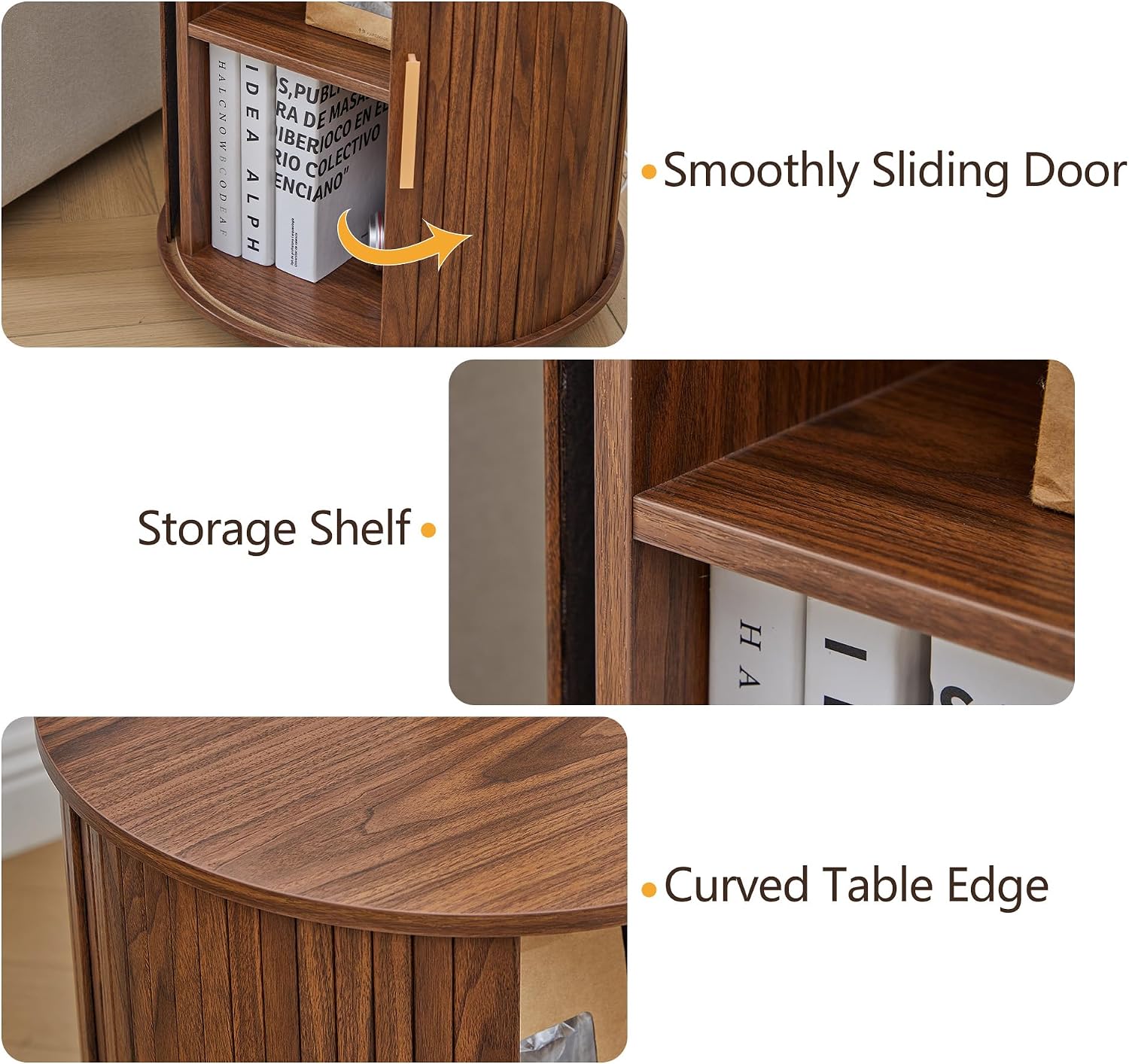 Set of 2 Fluted Round End Table with Charging Station, Small Farmhouse Sofa Side Table with Sliding Tambour Door & Storage, Mid-Century Wood Fulted Nightstands for Living Room, Bedroom (Walnut)