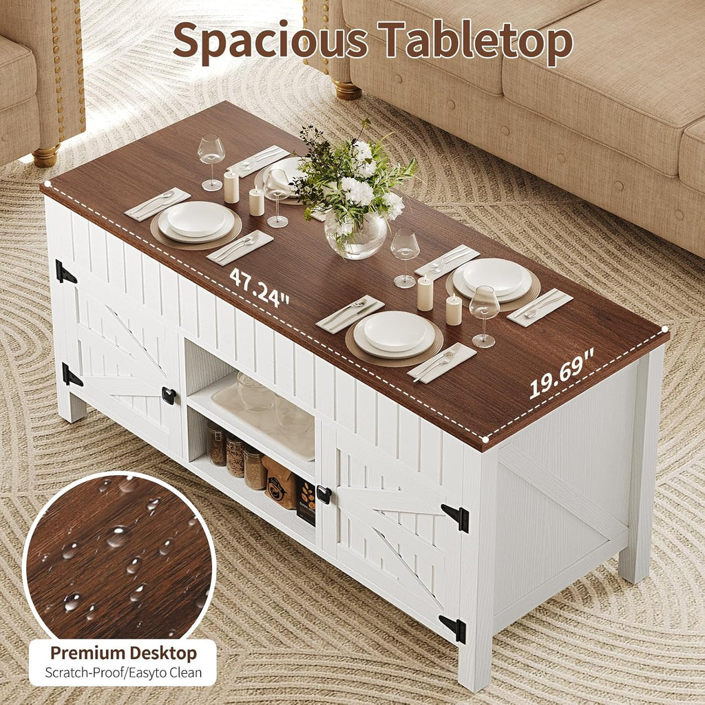 47.3' Lift Top Coffee Table with Storage - White Coffee Tables for Living Room, Farmhouse Wood Center Table, Large Rectangle Middle Tables with Hidden Compartment & Adjustable Shelf