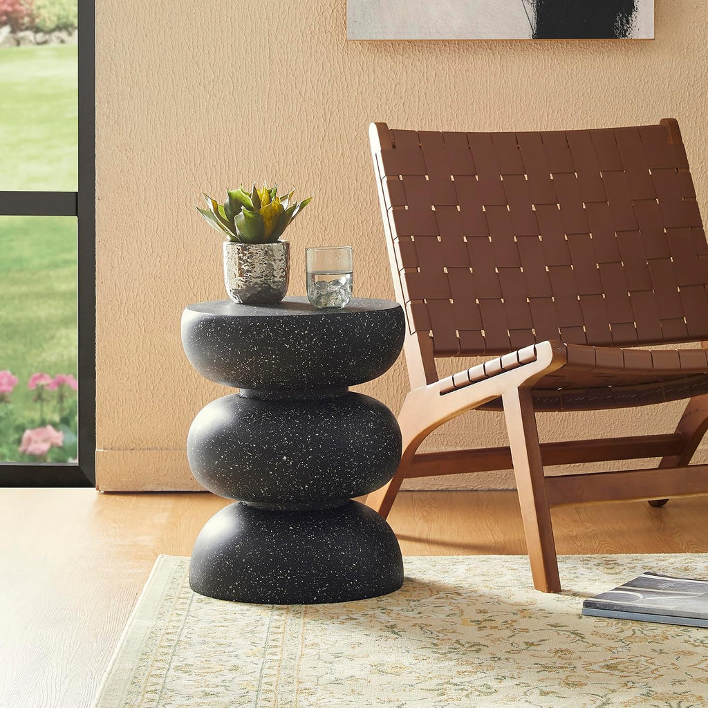 Glitzhome Outdoor Side Table, 18' H Decorative Garden Stool MGO Faux Terrazzo End Table, Heavy Duty Indoor Outdoor Round Planter Stand for Living Room Bedroom Patio Deck Poolside,Black
