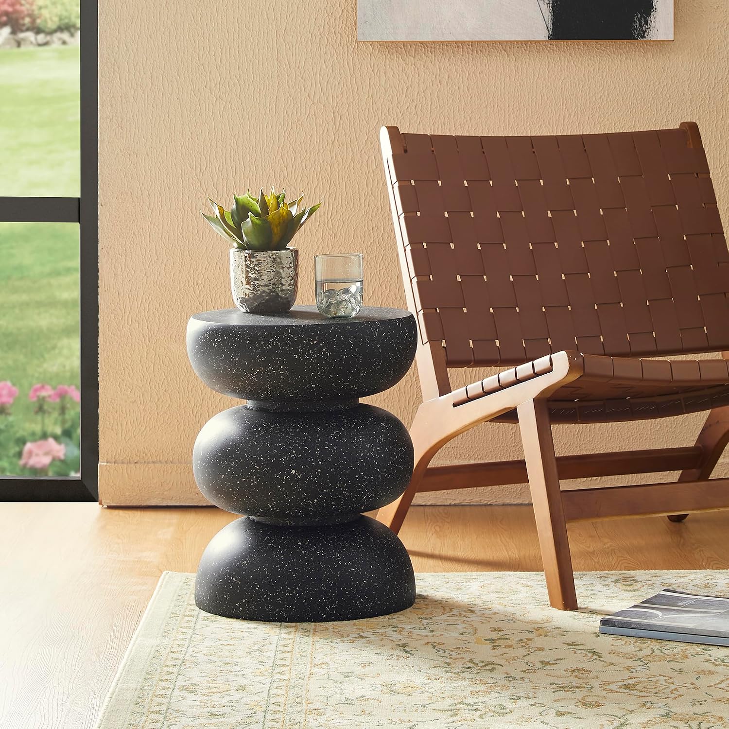 Glitzhome Outdoor Side Table, 18' H Decorative Garden Stool MGO Faux Terrazzo End Table, Heavy Duty Indoor Outdoor Round Planter Stand for Living Room Bedroom Patio Deck Poolside,Black