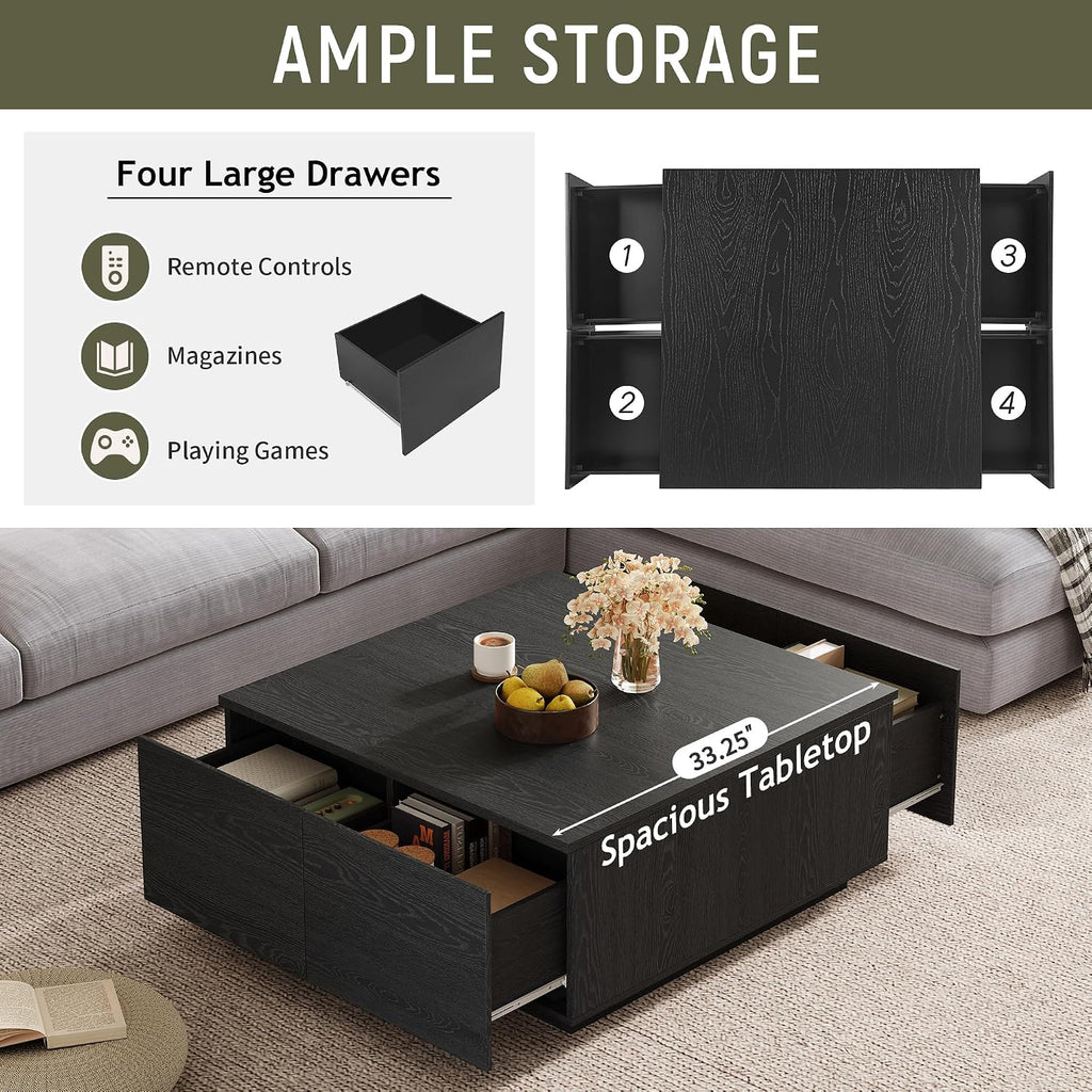 Merax Modern Black Square Coffee Table with 4 Hidden Storage Drawers, 33.25' Minimalist Wood Center Tables for Living Room, Easy Assembly