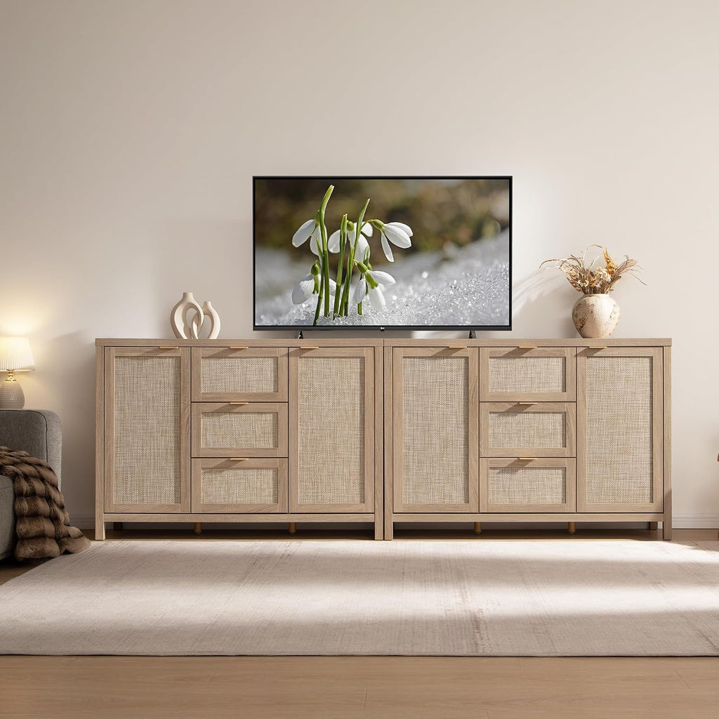SICOTAS Rattan Large Sideboard Buffet Cabinet with Storage - Boho Coffee Bar Storage Cabinet with 3 Drawers and 2 Doors, Console Table Credenza for Living Room, Kitchen, Hallway, Light Oak (2 Pieces)