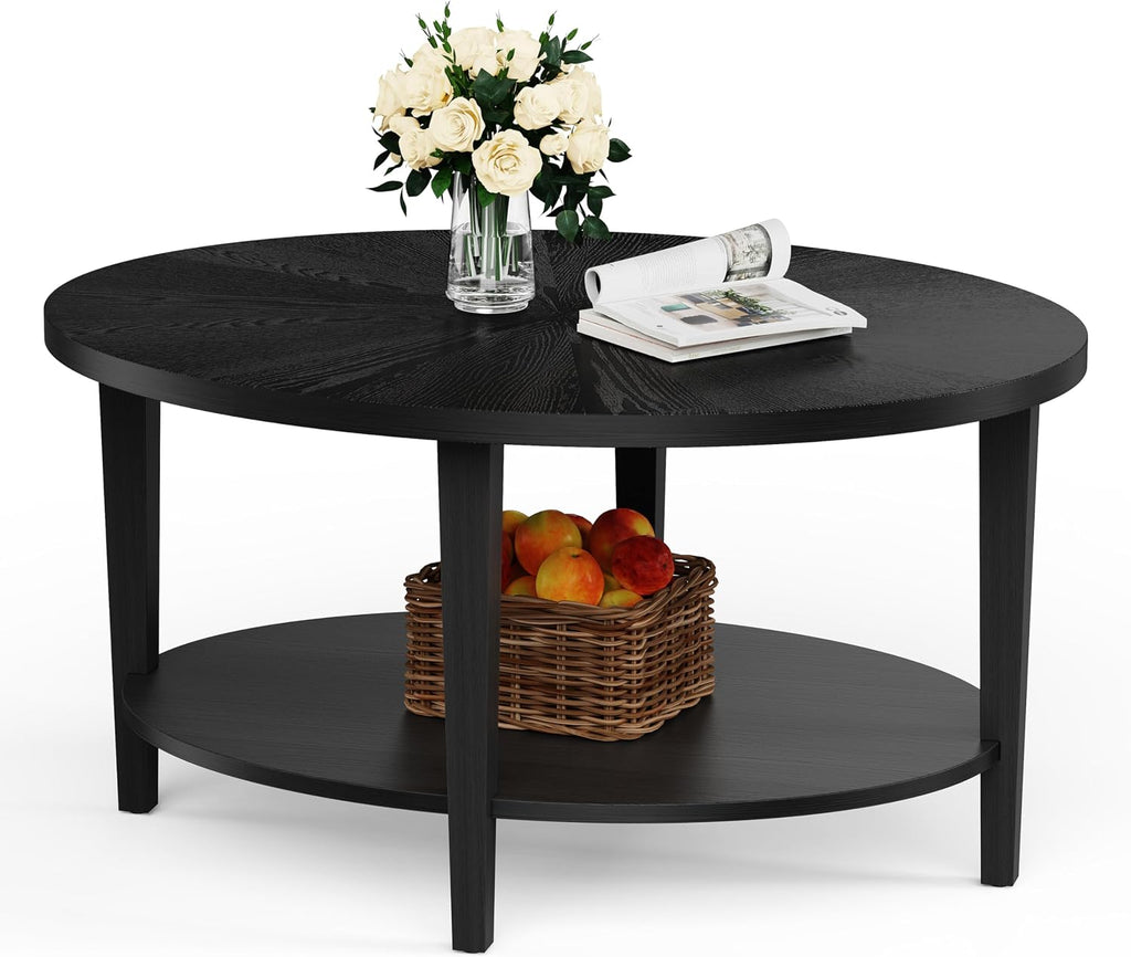 Solid Wood Oval Coffee Table for Living Room, 2 Tier Oval Rustic Coffee Table with Storage Shelf, Double Layer Center Table for Living Room, Easy Assembly Black