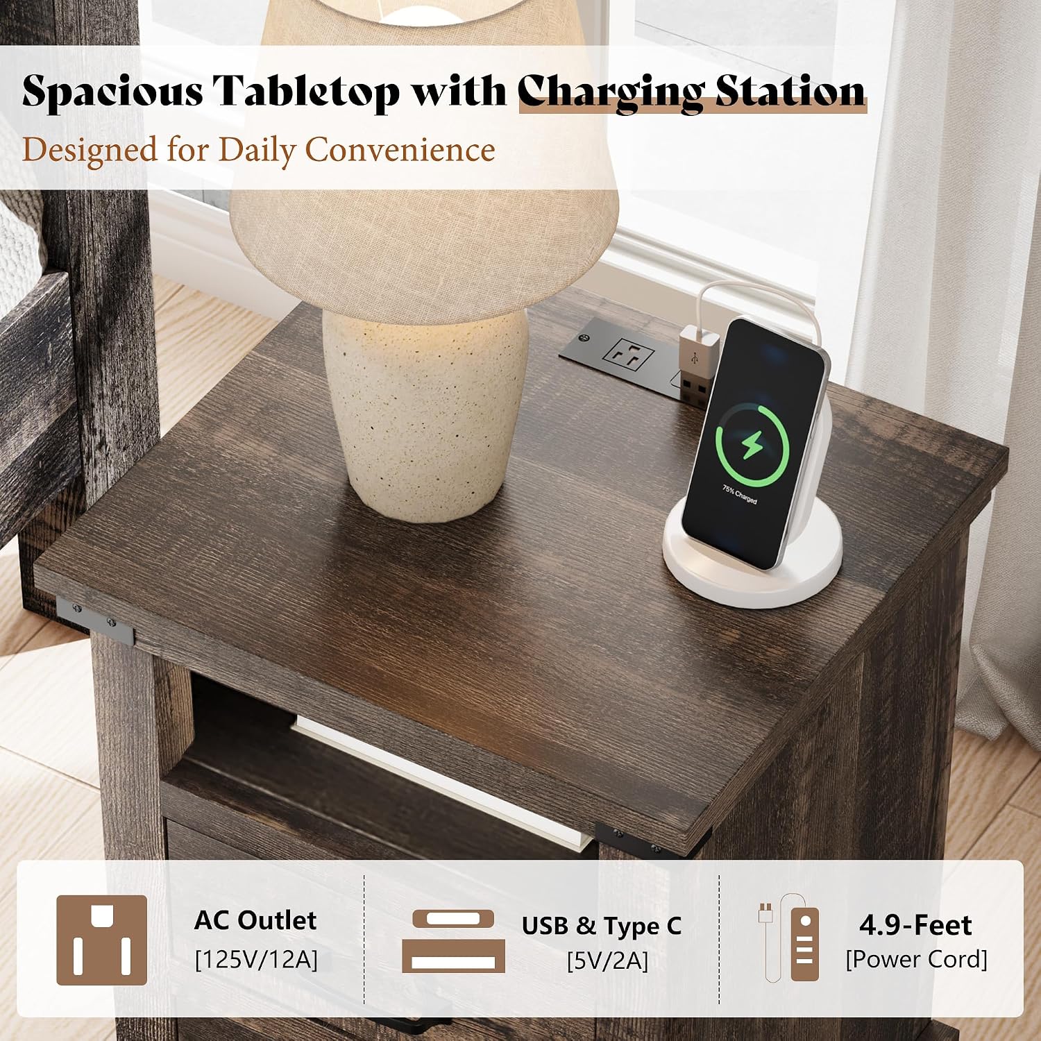 AMERLIFE Farmhouse End Table Set of 2, 18' Wood Night Stand with Charging Station & 2 Storage Drawers, Heavy Duty Bedside Nightstands for Bedroom, Living Room, Black Oak