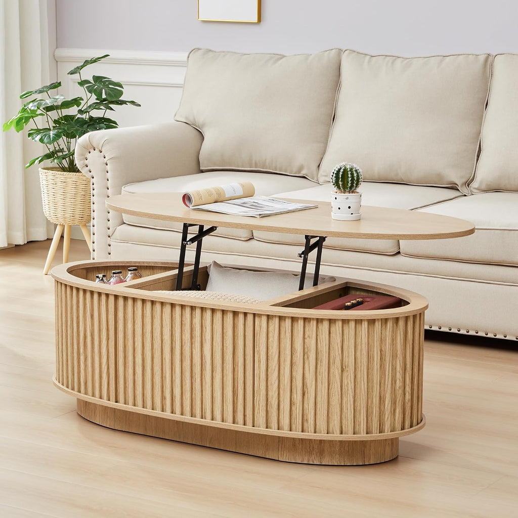 Oval Coffee Table, 43.3'' Fluted Lift Top Coffee Table with Hidden Storage Compartment, Mid Century Modern Dining Table Wooden Center Table for Living Room, Office, Small Spaces (Natural)