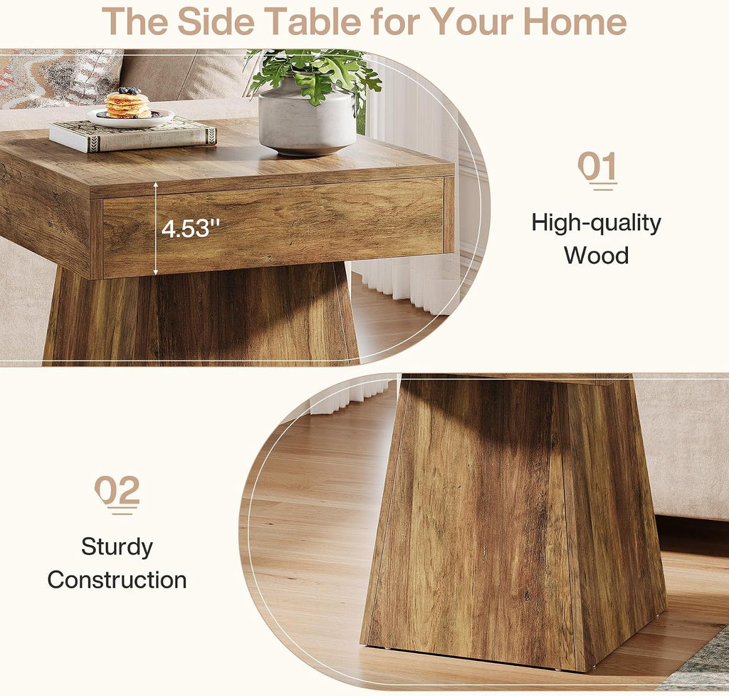 Tribesigns Small End Table Set of 2, Rustic Square Side Table with Wide Base, Farmhouse Small Nightstand Beside Bed, Next to Armchair, for Living Room, Brown