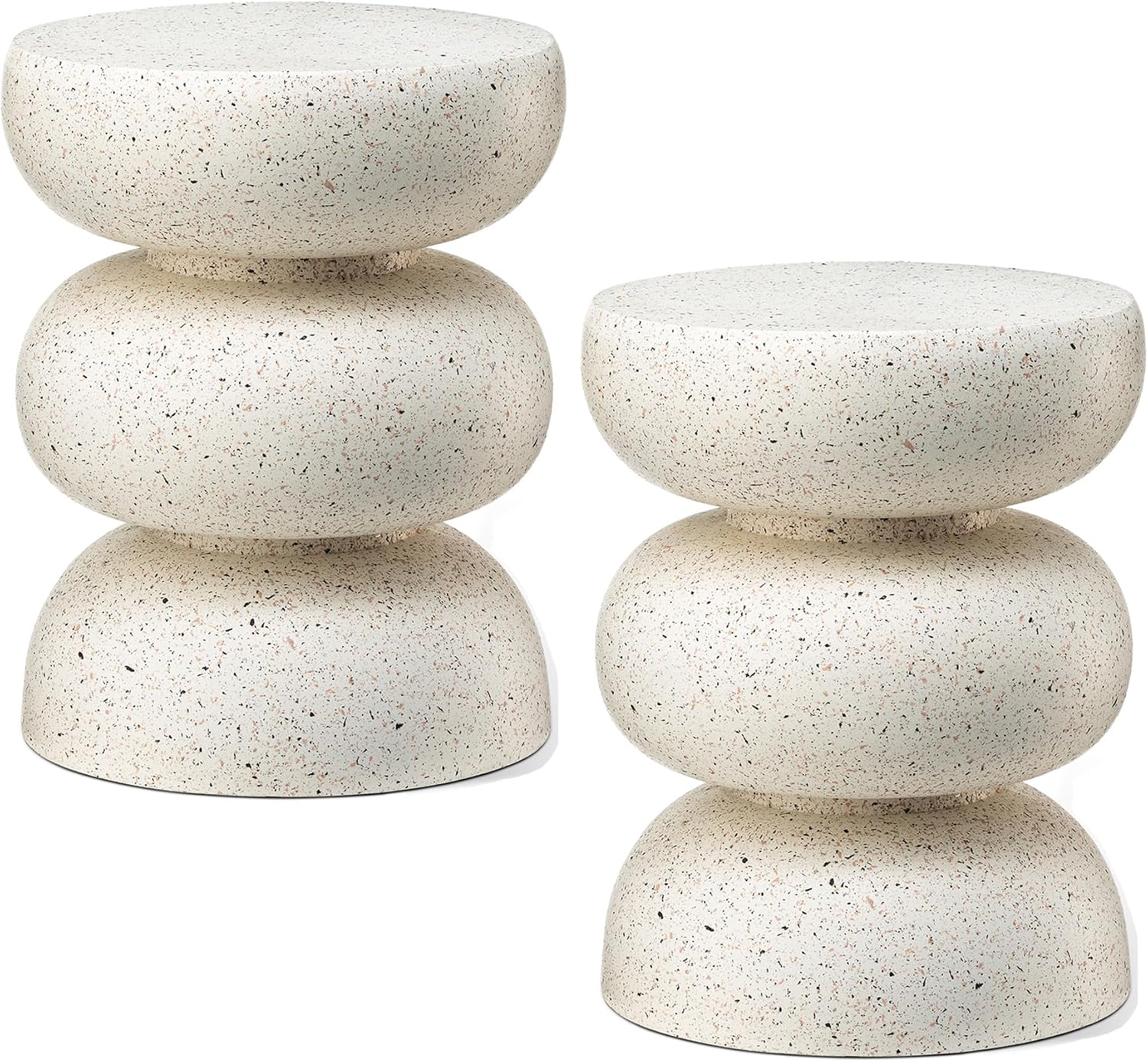 Glitzhome Outdoor Side Table Set of 2, 18' H Decorative Garden Stool MgO Faux Terrazzo End Table, Heavy Duty Indoor Outdoor Round Planter Stand for Living Room Bedroom Patio Deck Poolside,White