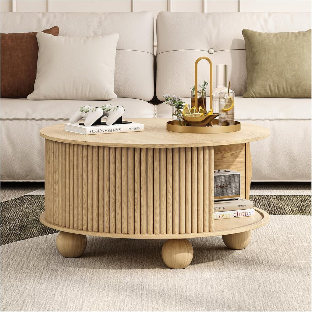 Round Coffee Table with Storage, 31.5' Mid Century Modern Coffee Table with Sliding Door & Bun Feet, Minimalist Fluted Center Table for Living Room, Home Small Space, Oak