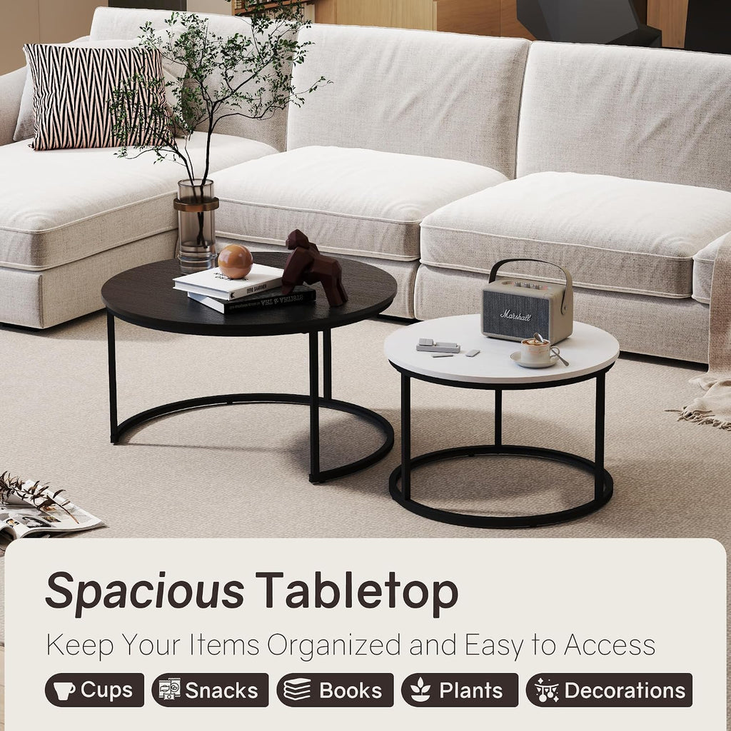 Otterease Nesting Tables Set of 2, 31.5' Round Coffee Table, Small Nesting Coffee Table with Adjustable Non-Slip Fee, Wood Grain Top Nesting Tables for Living Room, Bedroom (Wood Grain Black&White)