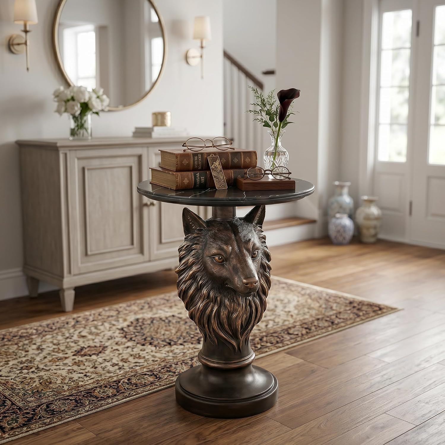 Wolf Head Sculptural Side Table with Faux Marble Top, 17.71' Round Resin Animal End Table, 25.2' H Unique Wolf Statue Decor for Living Room & Office, Gothic Housewarming Gift