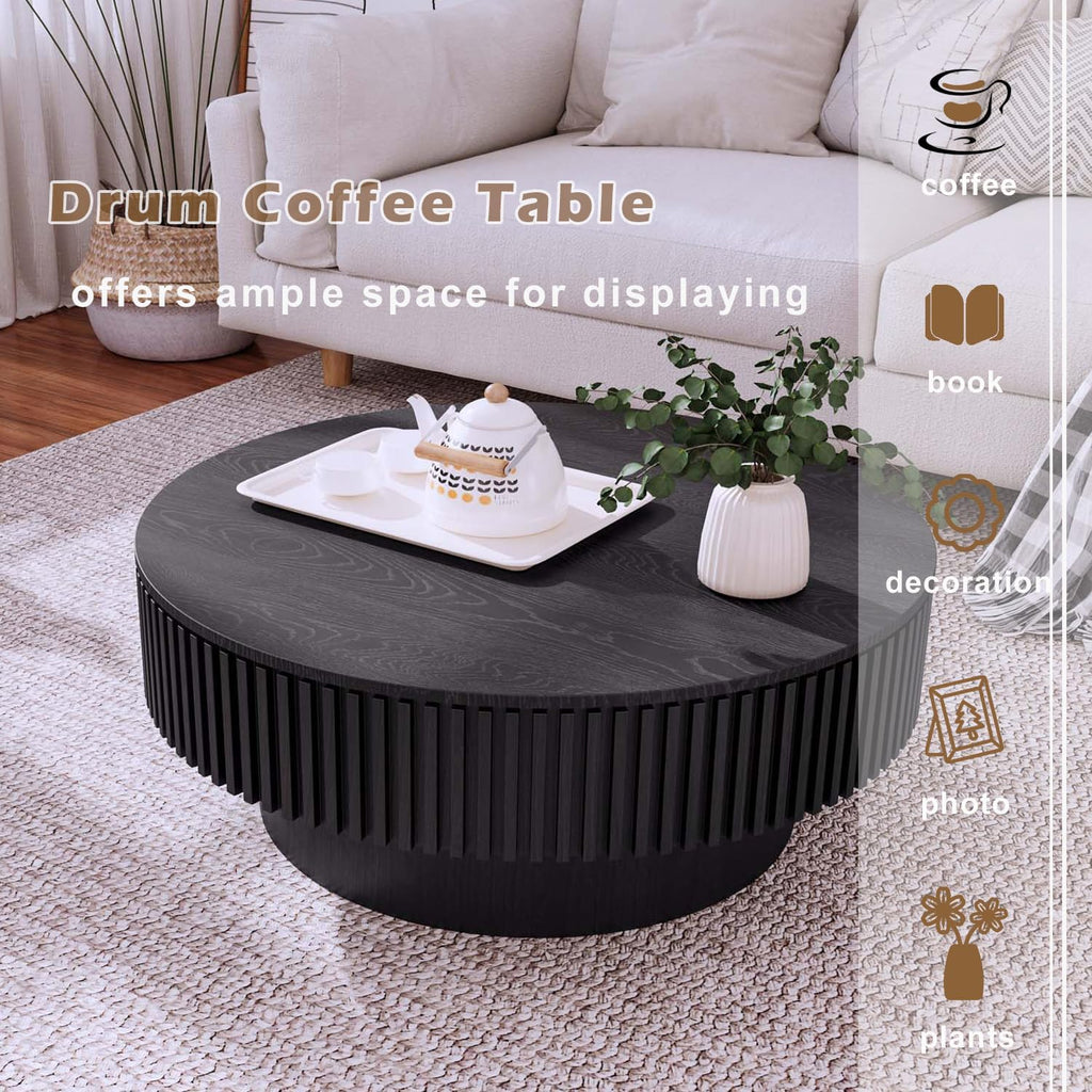 Round Coffee Table with Storage, Modern Wooden Coffee Table with Solid Wood Veneered, Circle Center Table Accent Tea Table for Living Room Apartment Small Space (31.5''L × 31.5''W × 14''H, Black)