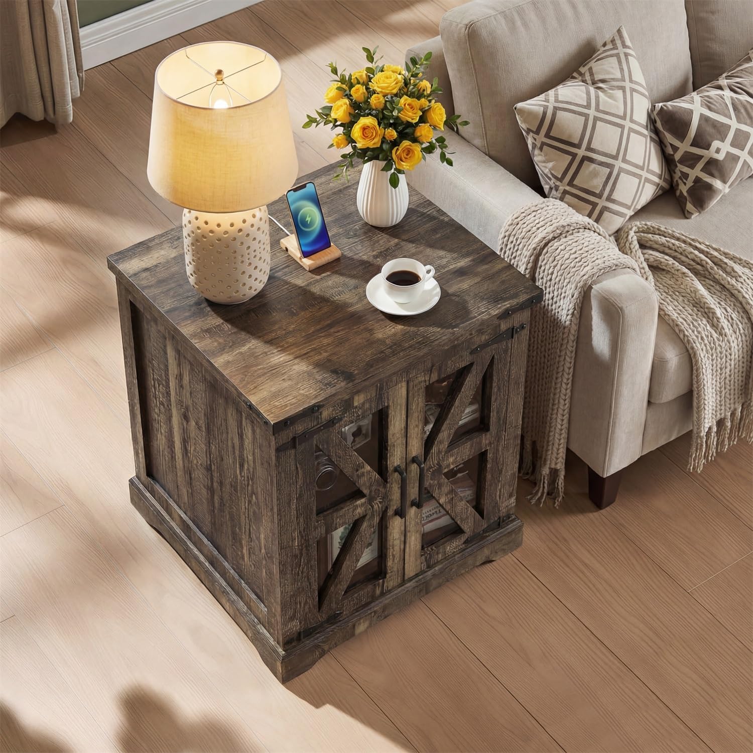 Farmhouse End Table, 24' Large End Tables with Storage, Rustic Square Sofa Beside Table with Glass Barn Door, Wood Side Table Square Nightstand for Living Room, Bedroom, Office (Antique Finish)