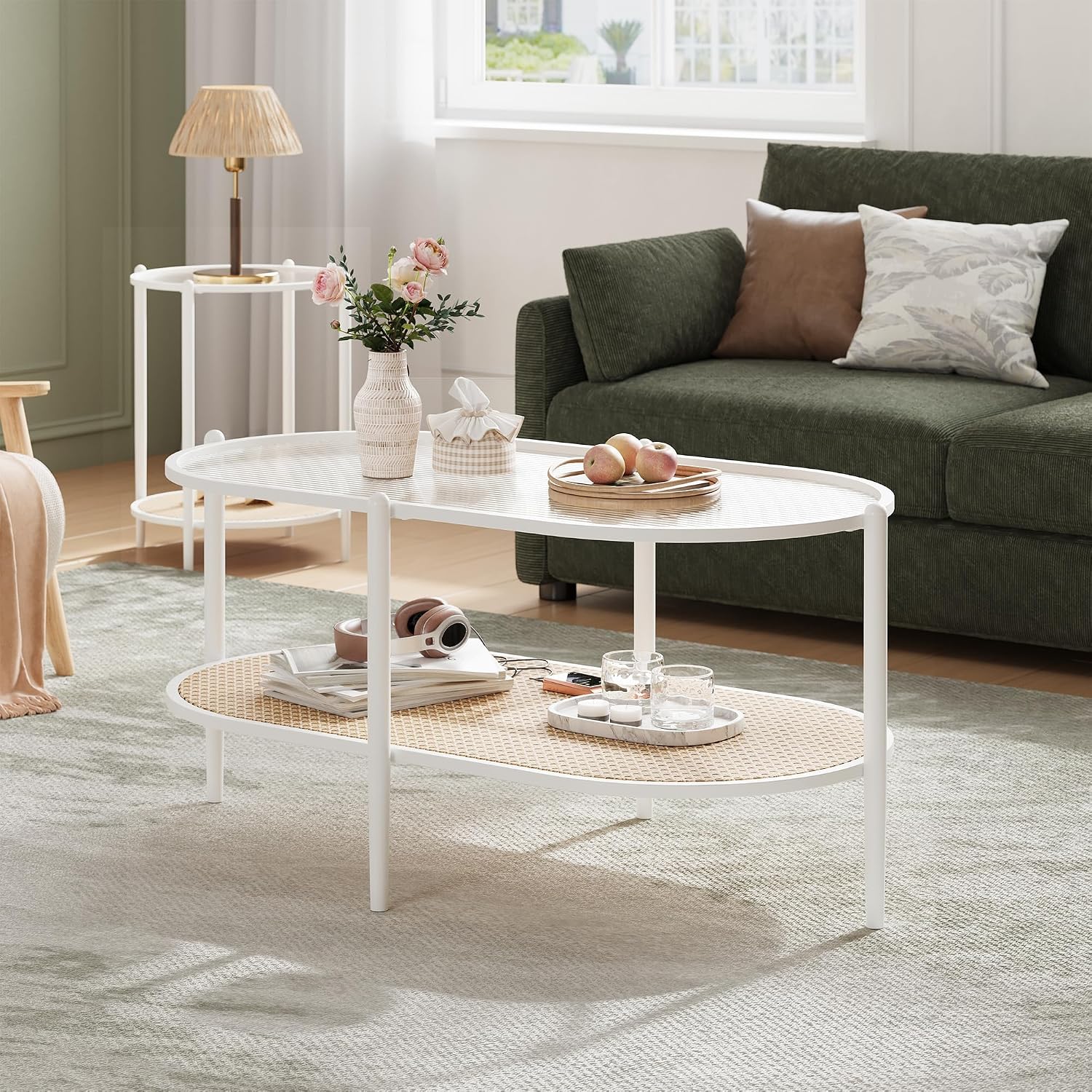 Boho Rattan Coffee Table with Glass Top, 2-Tier Oval Center Table with Metal Frame & Storage Shelf, Rustic Farmhouse Living Room Accent Tea Table for Apartment, Bedroom, Office White
