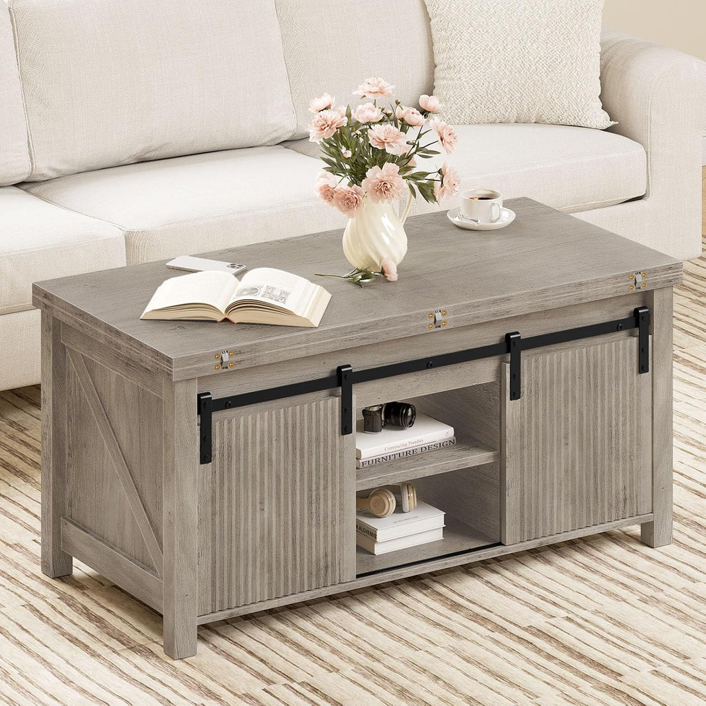 CHOEZON Lift Top Coffee Table, 4 in 1 Convertible Coffee Table, Farmhouse Coffee Tables, with Hidden Compartments, with Sliding Doors, for Living Room, Apartment, Greige MKF01FH