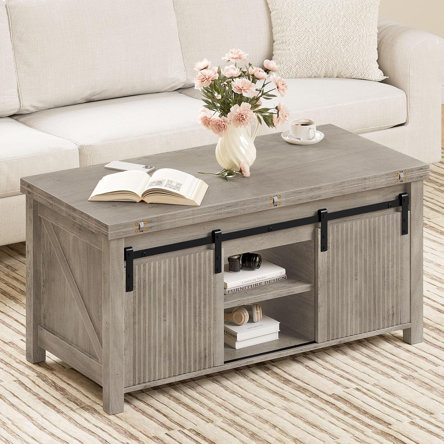 CHOEZON Lift Top Coffee Table, 4 in 1 Convertible Coffee Table, Farmhouse Coffee Tables, with Hidden Compartments, with Sliding Doors, for Living Room, Apartment, Greige MKF01FH