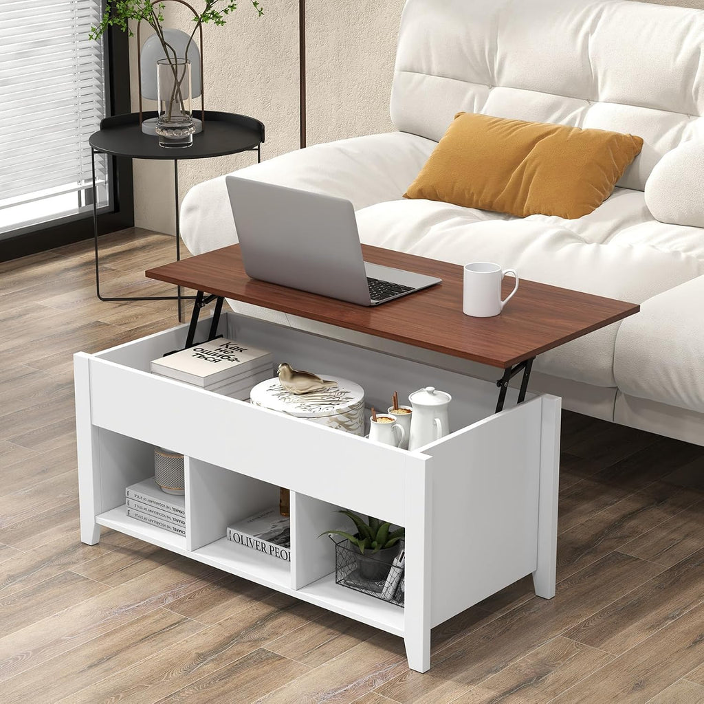 Giantex Lift Top Coffee Table - Rectangular Wooden Table w/Hidden Compartment & Open Storage Shelves, Multifunctional Modern Flip Top Center Table for Living Room, Reception Room, Office (White)
