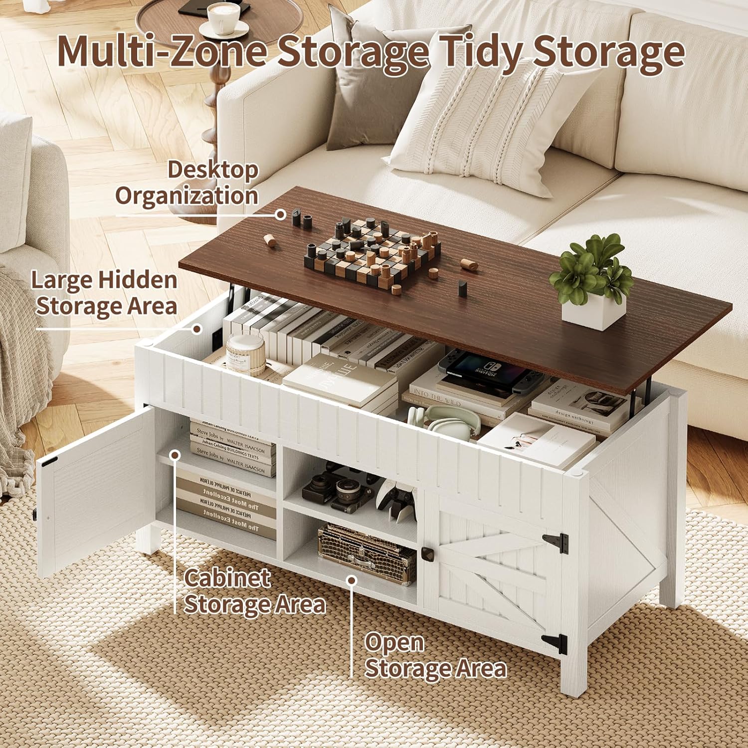 47.3' Lift Top Coffee Table with Storage - White Coffee Tables for Living Room, Farmhouse Wood Center Table, Large Rectangle Middle Tables with Hidden Compartment & Adjustable Shelf