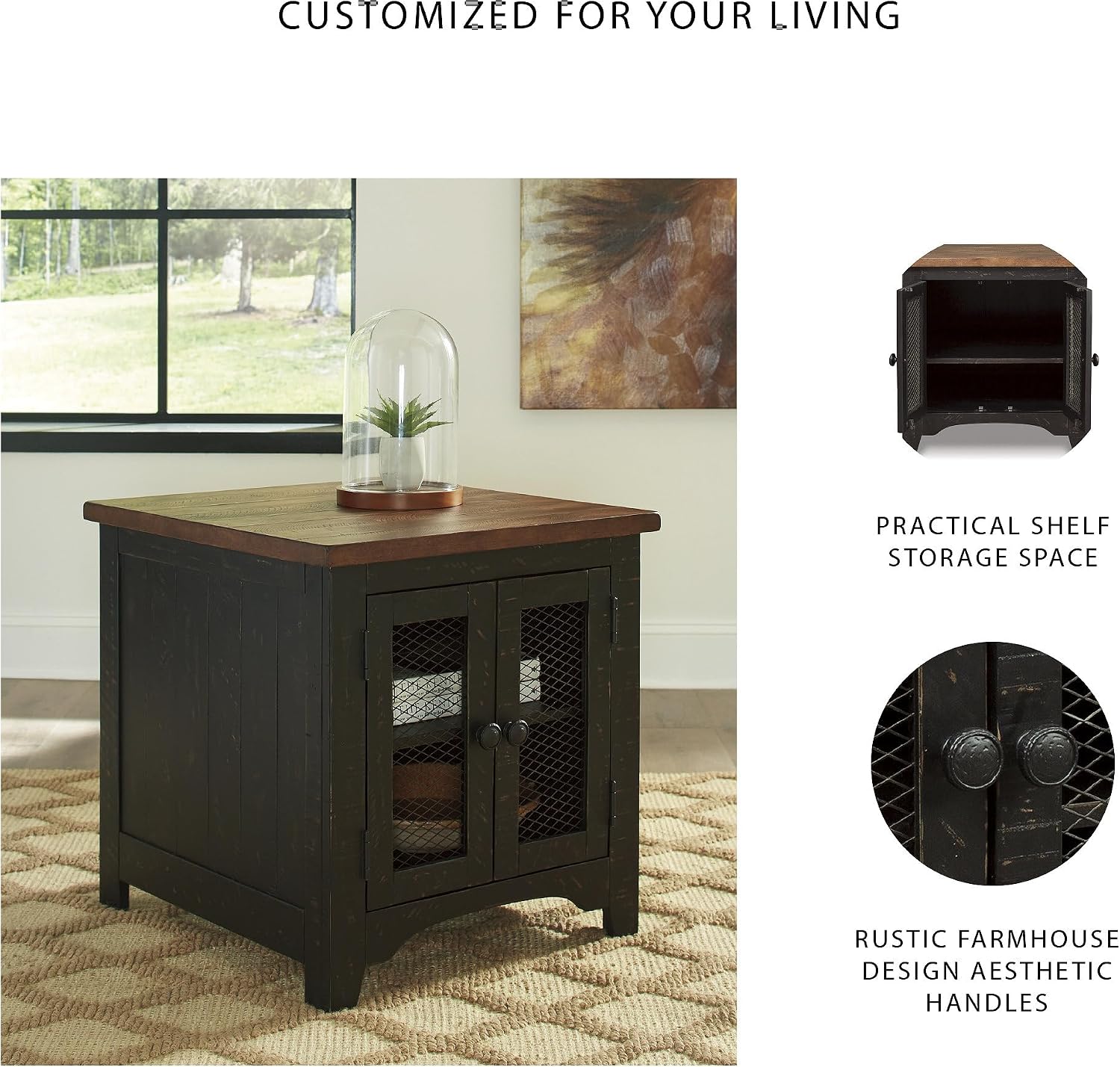 Signature Design by Ashley Valebeck Farmhouse Rectangular End Table with Storage, Distressed Brown & Black Finish