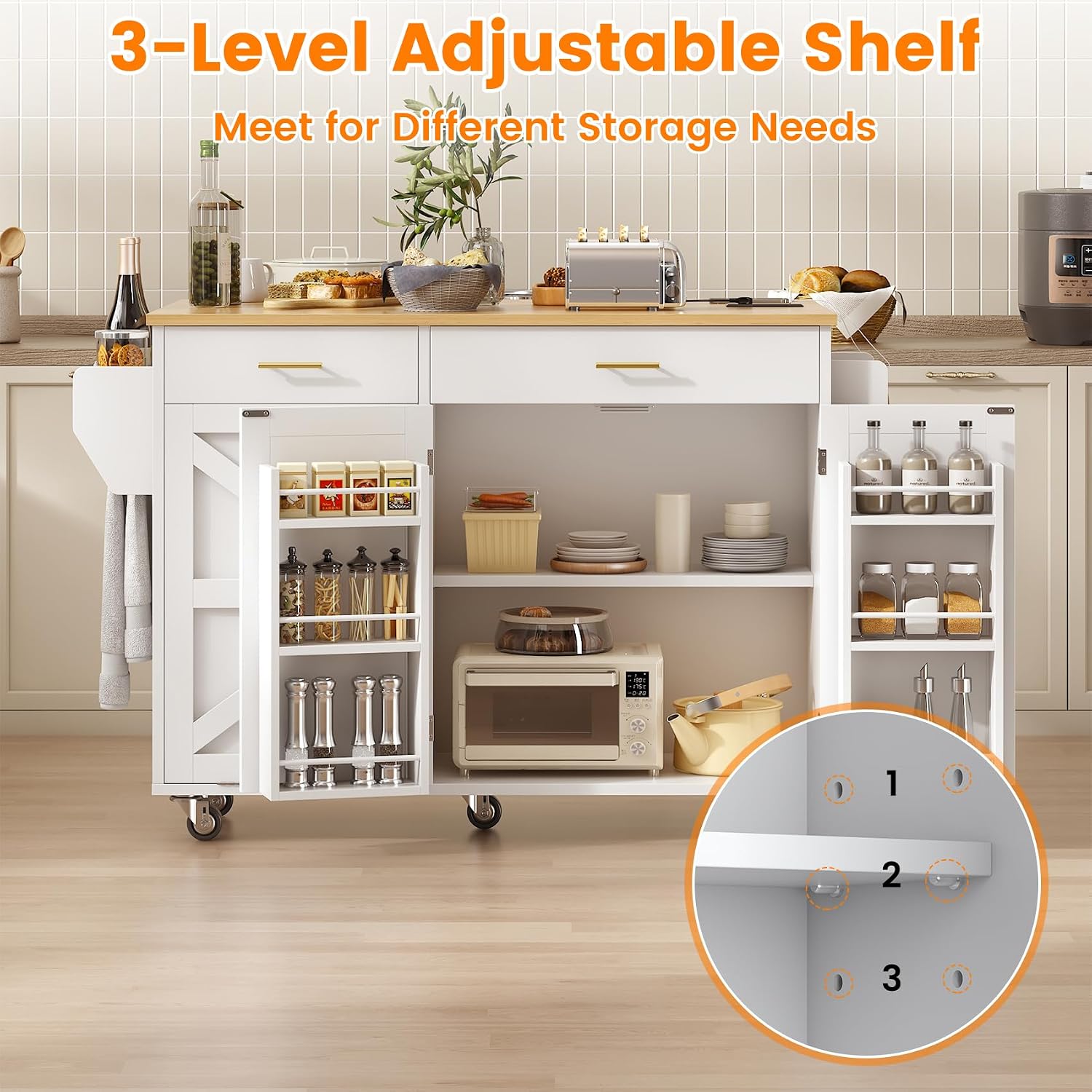 VVFLU 51.8' Kitchen Island Cart with Trash Can Storage, Kitchen Island on Wheels with Power Outlet & Drop Leaf, Rolling Kitchen Cart with Towel Rack & Spice Rack, Mobile Islands Table for Kitchen