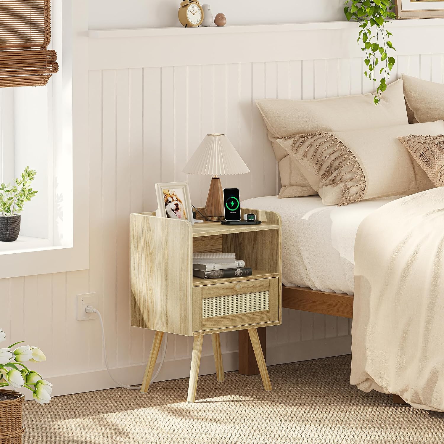 SUPERJARE Nightstands Set of 2, Night Stands with Charging Station & PE Rattan Decor Drawer, Bed Side Tables with Solid Wood Feet, End Table, for Bedroom, Living Room - Natural