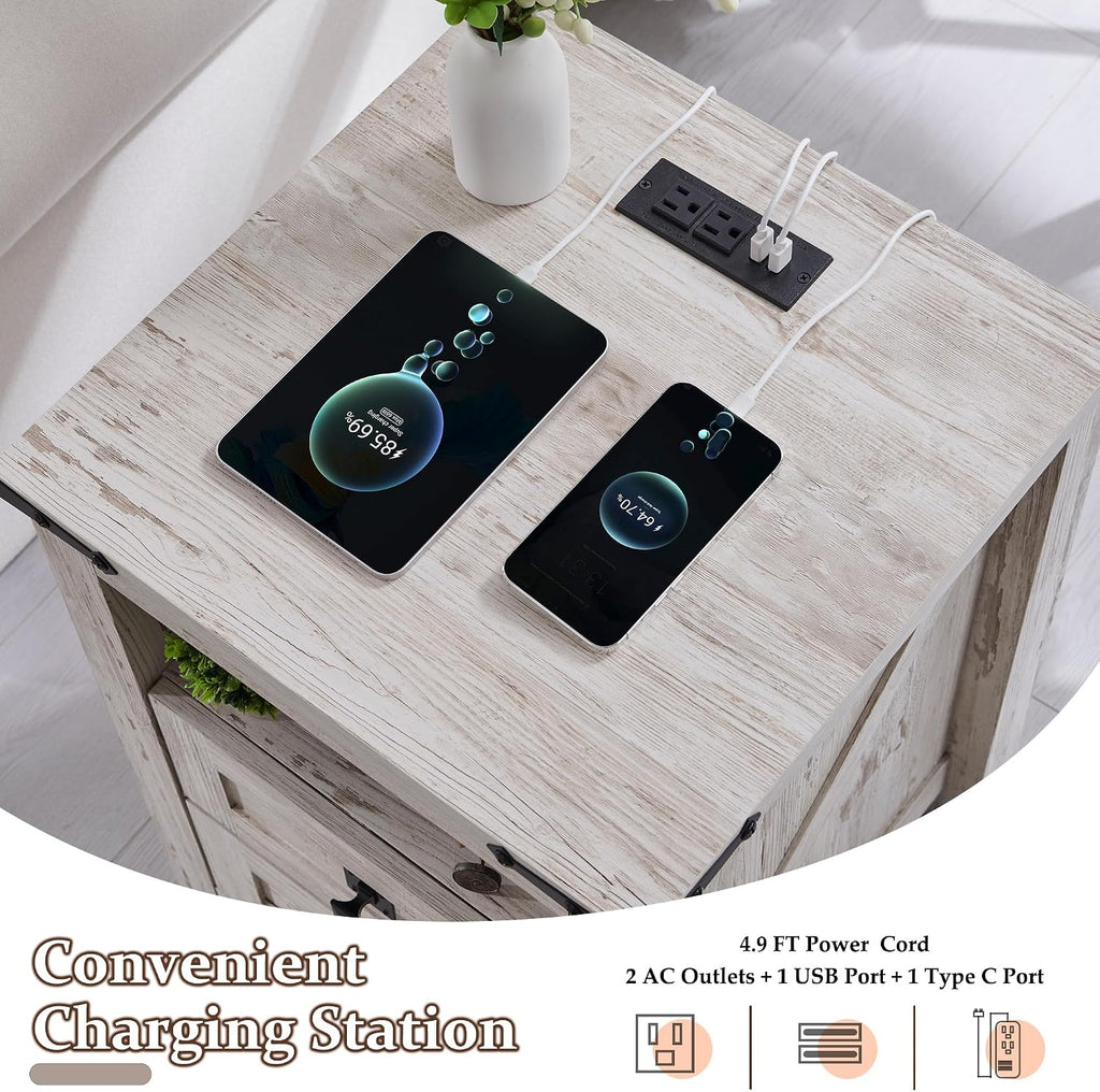 T4TREAM Nightstand with Charging Station, End Table, Side Table with 2 Drawers Storage Cabinet for Bedroom, Living Room, Farmhouse Design, Wood Rustic, Antique Brush White
