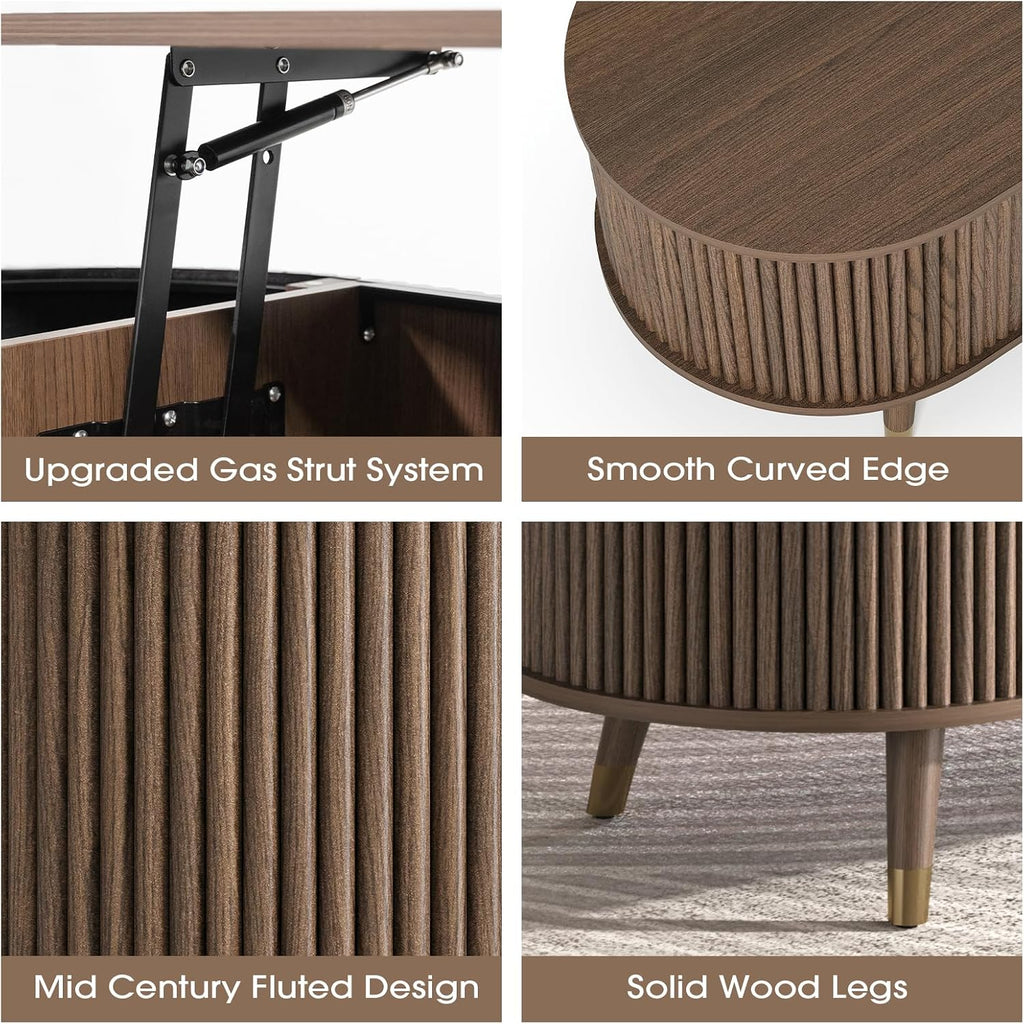 Oval Coffee Table with Storage, 42.5' Fluted Coffee Table with Lifting Top & Solid Wood Legs, Modern Lift Up Center Table for Living Room, Home Office, Walnut