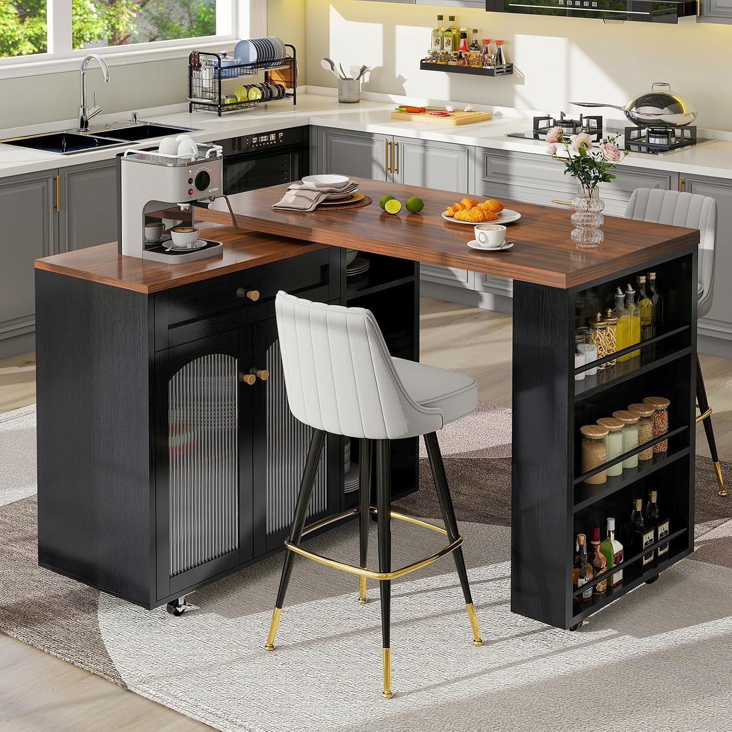 LYNCOHOME 71.1' Rolling Kitchen Island with 360° Rotating Tabletop, Mobile Lockable Wheels & Adjustable Shelves, Multifunctional Storage Cart for Kitchen & Dining（Black）
