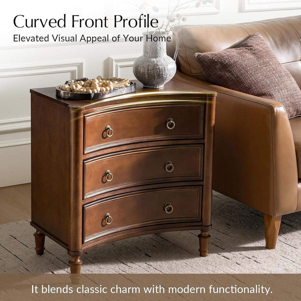HULALA HOME 3 Drawer End Table with Charging Station, 26' Wide Endtable with Solid Wood Legs and Curved Profile, Classic Side Table for Living Room, Walnut