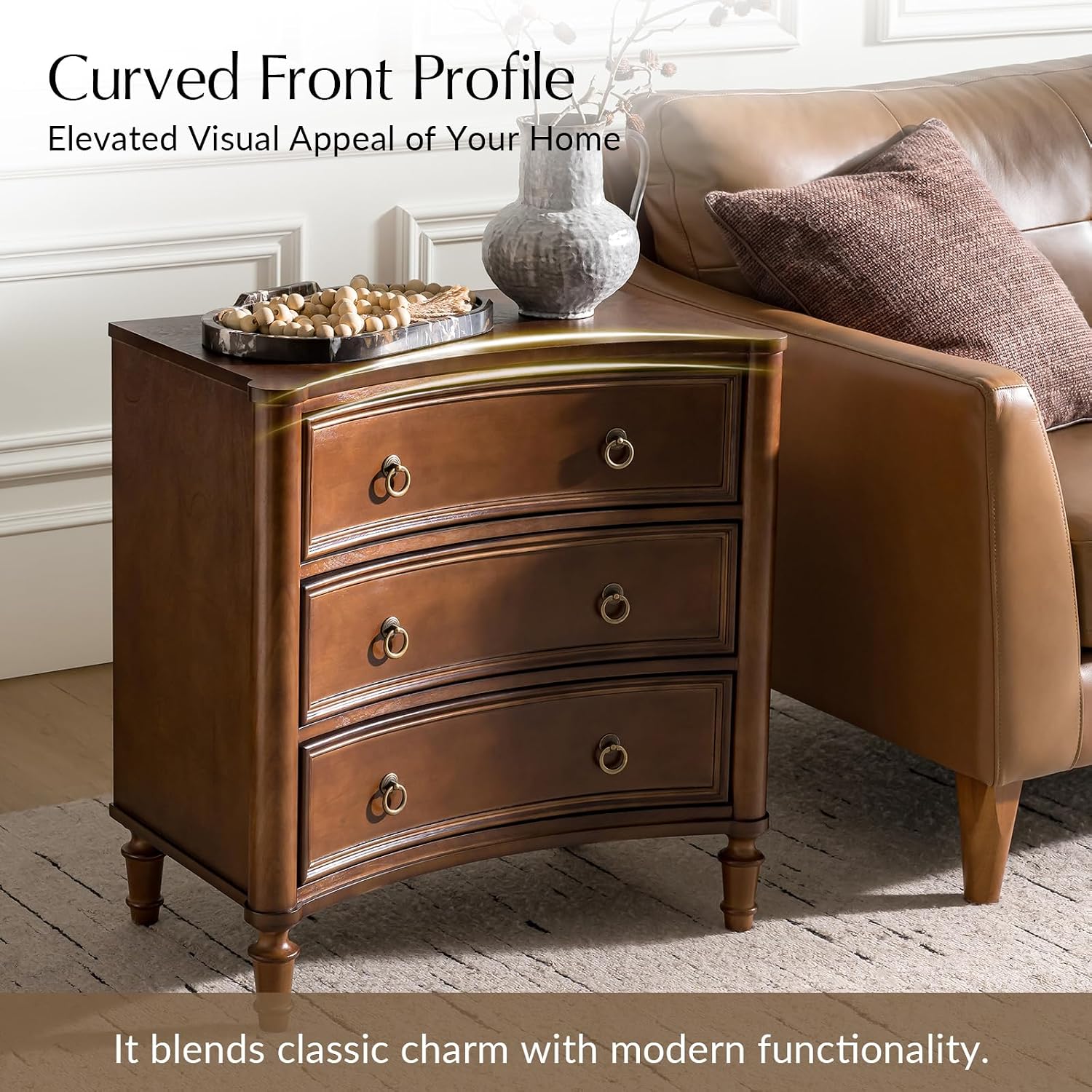 HULALA HOME 3 Drawer End Table with Charging Station, 26' Wide Endtable with Solid Wood Legs and Curved Profile, Classic Side Table for Living Room, Walnut
