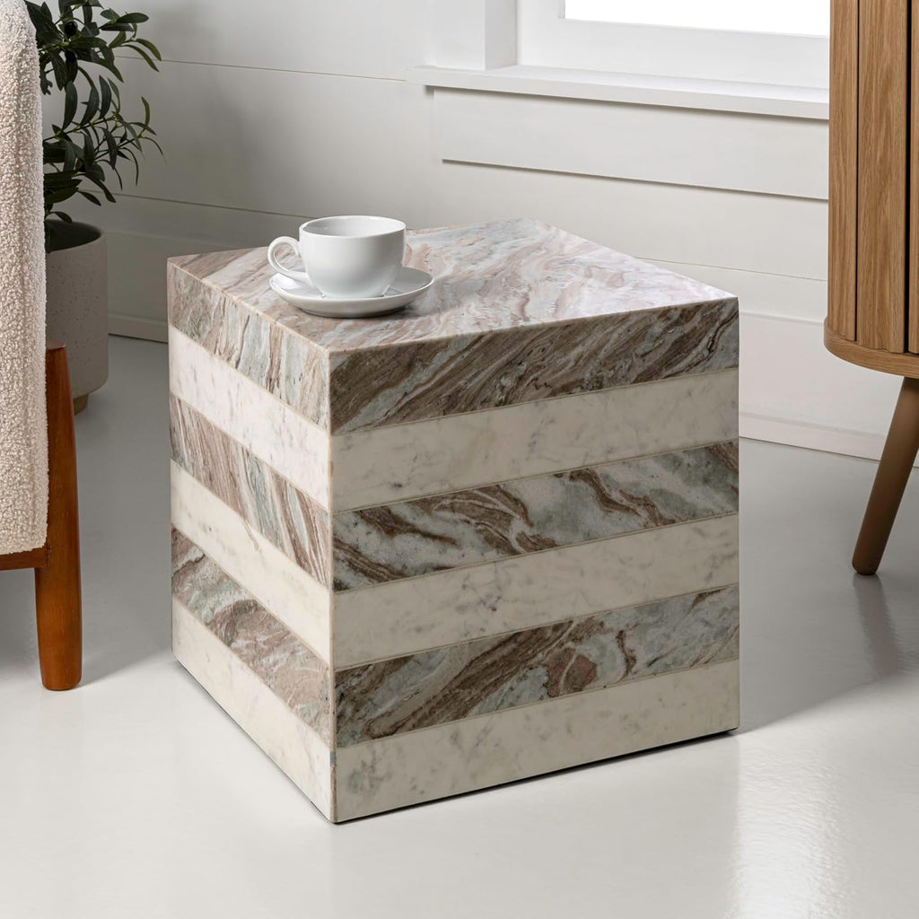 JONATHAN Y MTB1101C Felix 15.5' Contemporary Natural Marble Handmade Cube End Table, Side Table for Living Room, Bedroom, Bathroom, Beige/White/Gray
