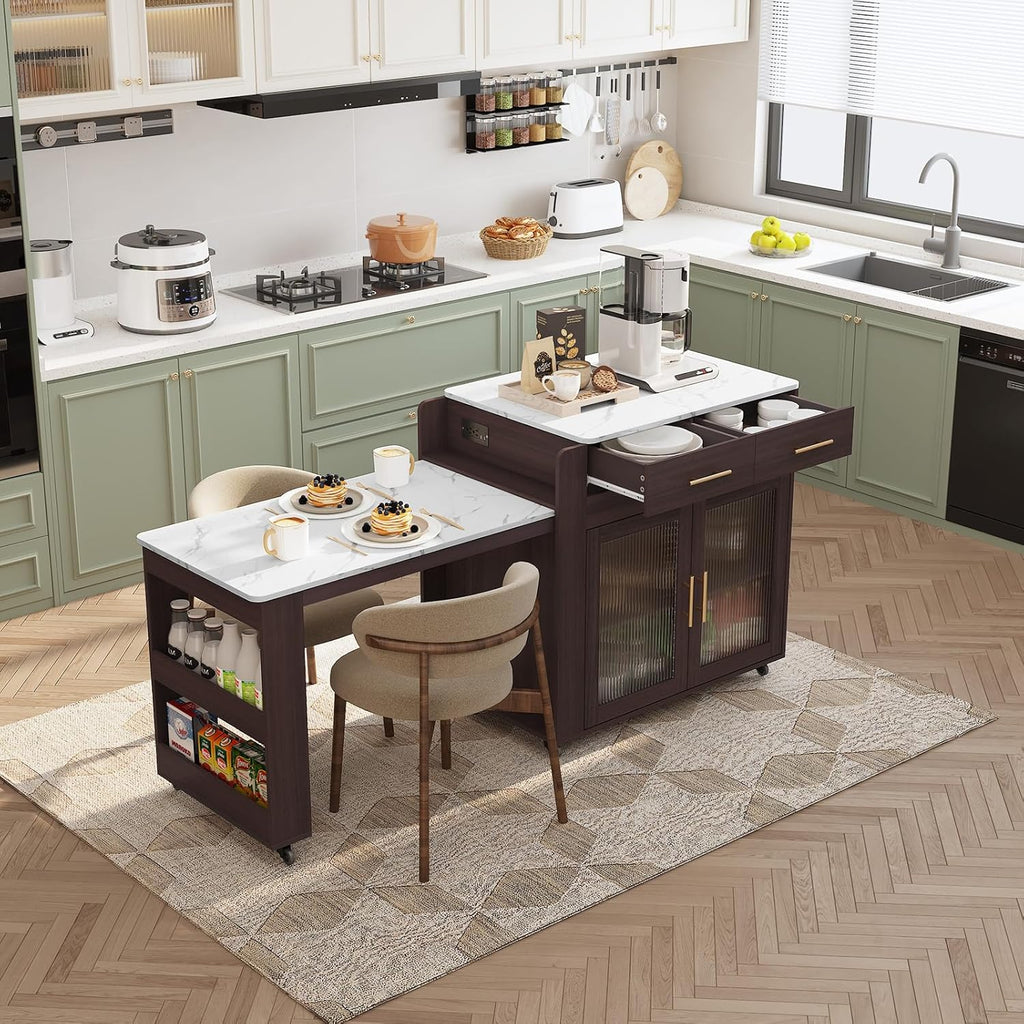 HLR Kitchen Island with Extendable Dining Table, Marble Grain Countertop Island with Power Outlet, Rolling Storage Cart on Wheels with Storage Cabinet and 2 Drawers, Prep Table for Kitchen