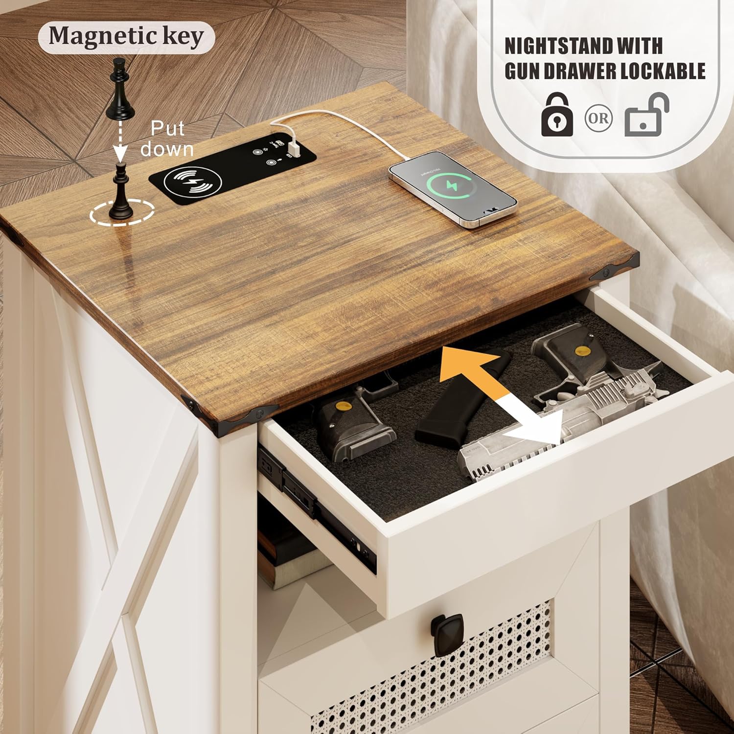 Bedside Table Set of 2 with Charging Station, Nightstand with Gun Drawer, LED Night Stand with Human Sensor Light, Farmhouse End Table for Bedroom Living Room, White