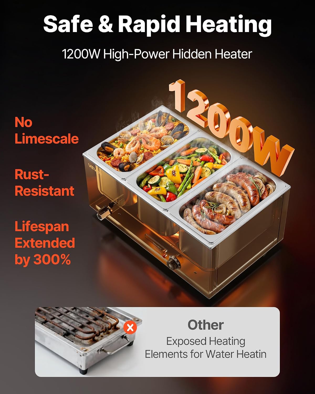 VEVOR 3-Pan Commercial Food Warmer, 24QT Electric Steam Table, 1200W Professional Countertop Stainless Steel Buffet Bain Marie with 86-185°F Temp Control for Catering and Restaurants, Silver