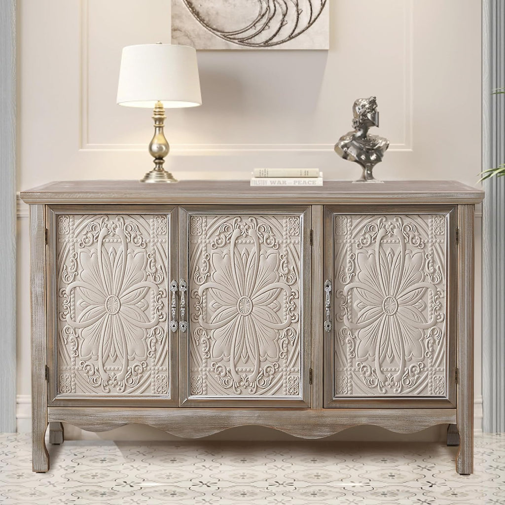 RoyalCraft Buffet Cabinet with Storage, Vintage Solid Wood Sideboard with 3 Carved Doors, Painted Coffee Bar Console Table for Dining Room, Living Room, Kitchen, Distressed Black