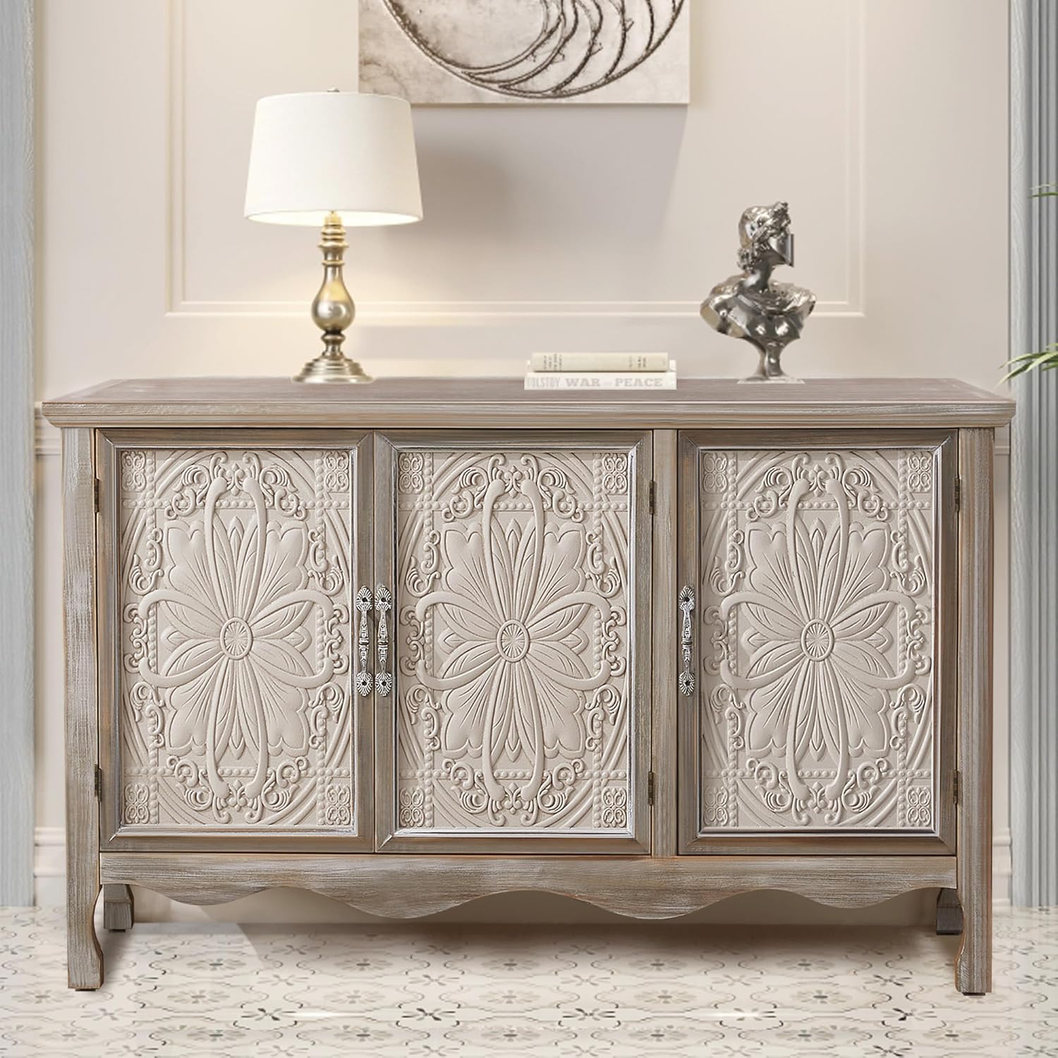 RoyalCraft Buffet Cabinet with Storage, Vintage Solid Wood Sideboard with 3 Carved Doors, Painted Coffee Bar Console Table for Dining Room, Living Room, Kitchen, Distressed Black