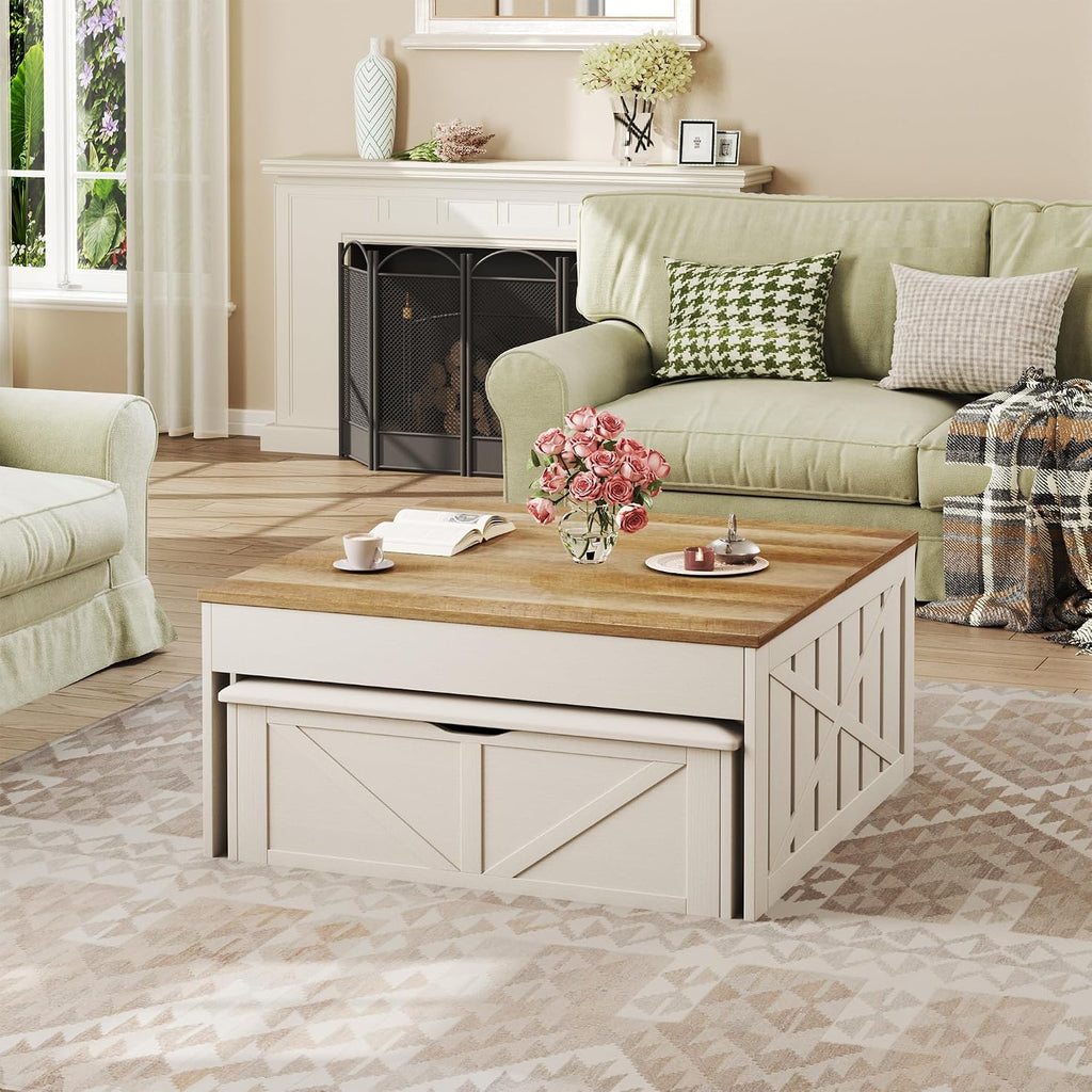 HUAHUU Coffee Table, 31.5 Lift Top Coffee Tables with Storage Hidden Compartment, Farmhouse Coffee Tables with Ottoman Bench, Center Table with Wooden Lift Tabletop for Living Room, White