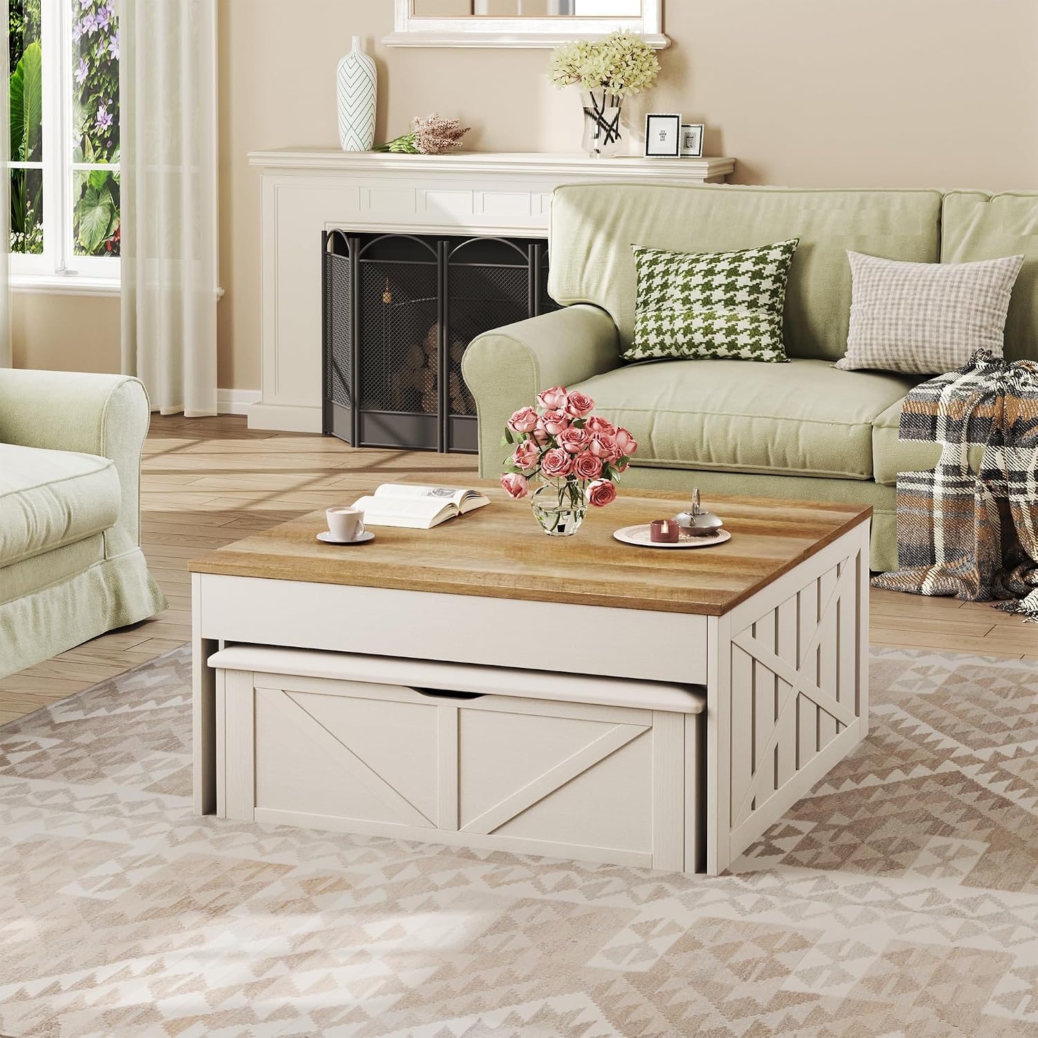 HUAHUU Coffee Table, 31.5 Lift Top Coffee Tables with Storage Hidden Compartment, Farmhouse Coffee Tables with Ottoman Bench, Center Table with Wooden Lift Tabletop for Living Room, White
