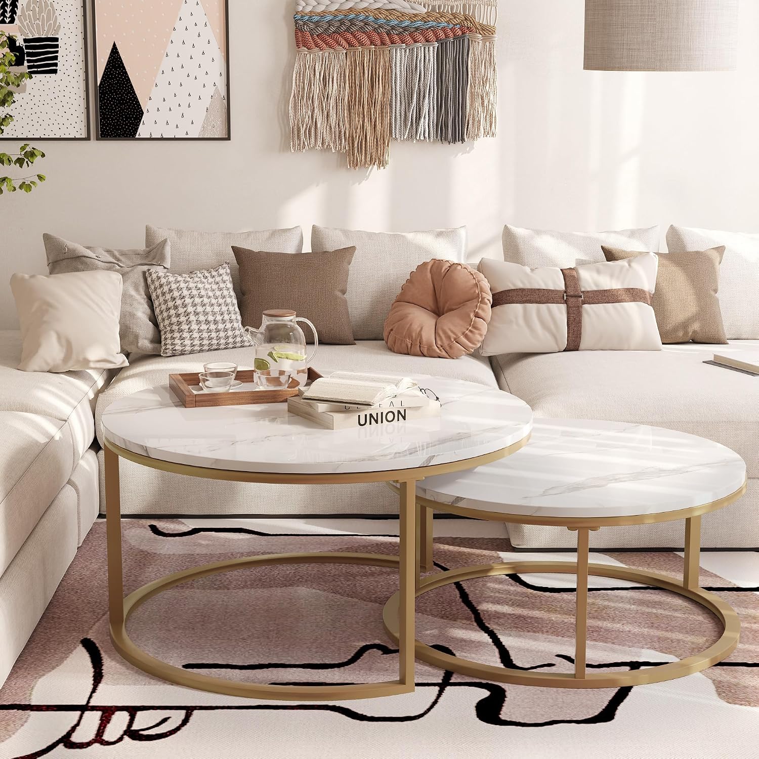 WiberWi Round Coffee Table Nesting Tables Set of 2, Large : Ø 34.0', Small : Ø 26.0', Modern Design Coffee Tables for Living Room, Gold Metal Frame Circle Cocktail Table, High Glossy Faux White Marble