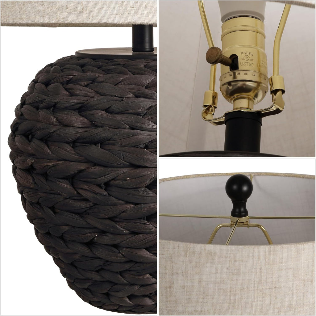 JONATHAN Y 24.5' Black Water Hyacinth Farmhouse Basket Table Lamp, Coastal Decor for Living Room Bedroom Nightstand, Light Gray Linen Shade, LED Bulb Included (JYL6501D)