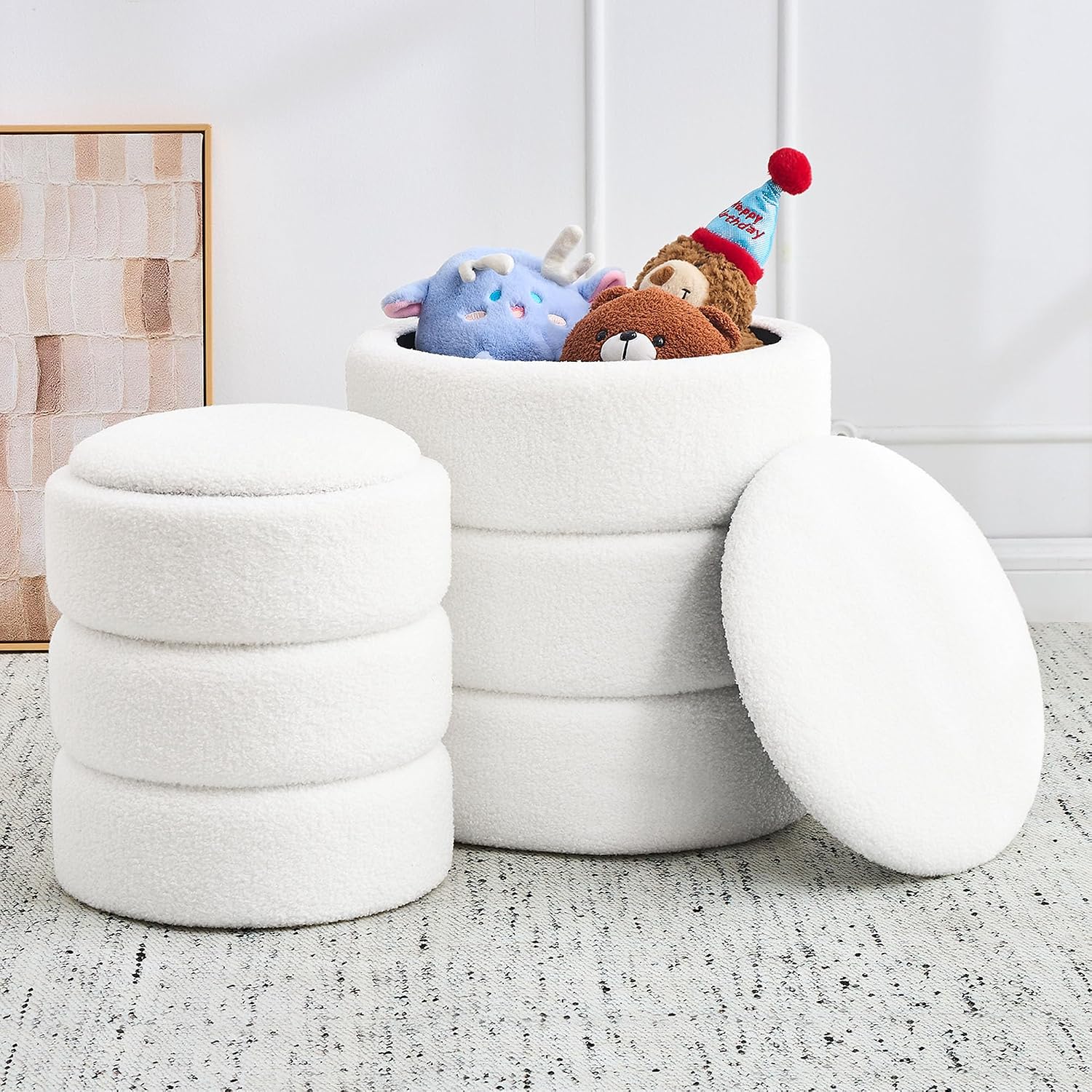 oakvivo Round Ottoman with Storage Set of 2, Soft Teddy Velvet Upholstered Foot Stool Vanity Chairs, Support 330lbs Padded Seat Multifunctional Ottomans Footrest, Foot Rest for Living Room, White