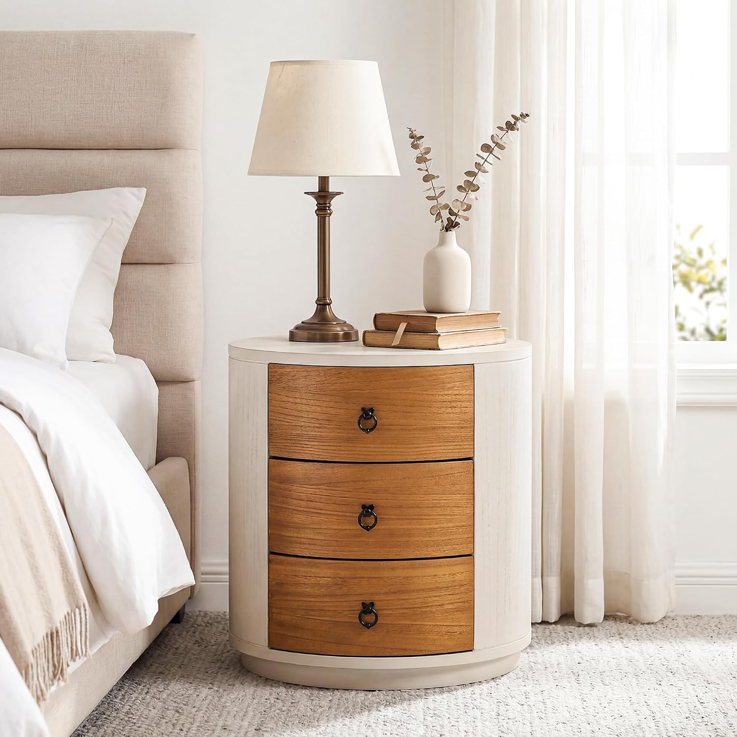 COSIEST 3 Drawer Chest of Drawers, 20 inch MDF Round Storage Cabinet, Retro Whitewash Finish Nightstand, Wood Bedside Table with Drawers for Bedroom Living Room
